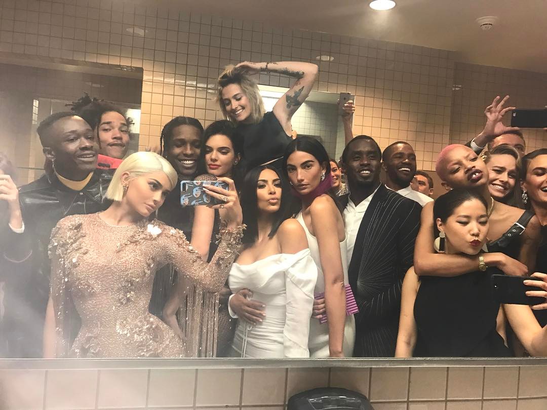 Kylie Jenner met gala bathroom selfie with Ashton Sanders, Luka Sabbat, A$AP Rocky, Kendall Jenner, Paris Jackson, Kim Kardashian, Lily Aldridge, Sean Combs, Frank Ocean, Slick Woods, former Vogue staffer Sophia Li, Brie Larson, and half of Elizabeth Chambers.