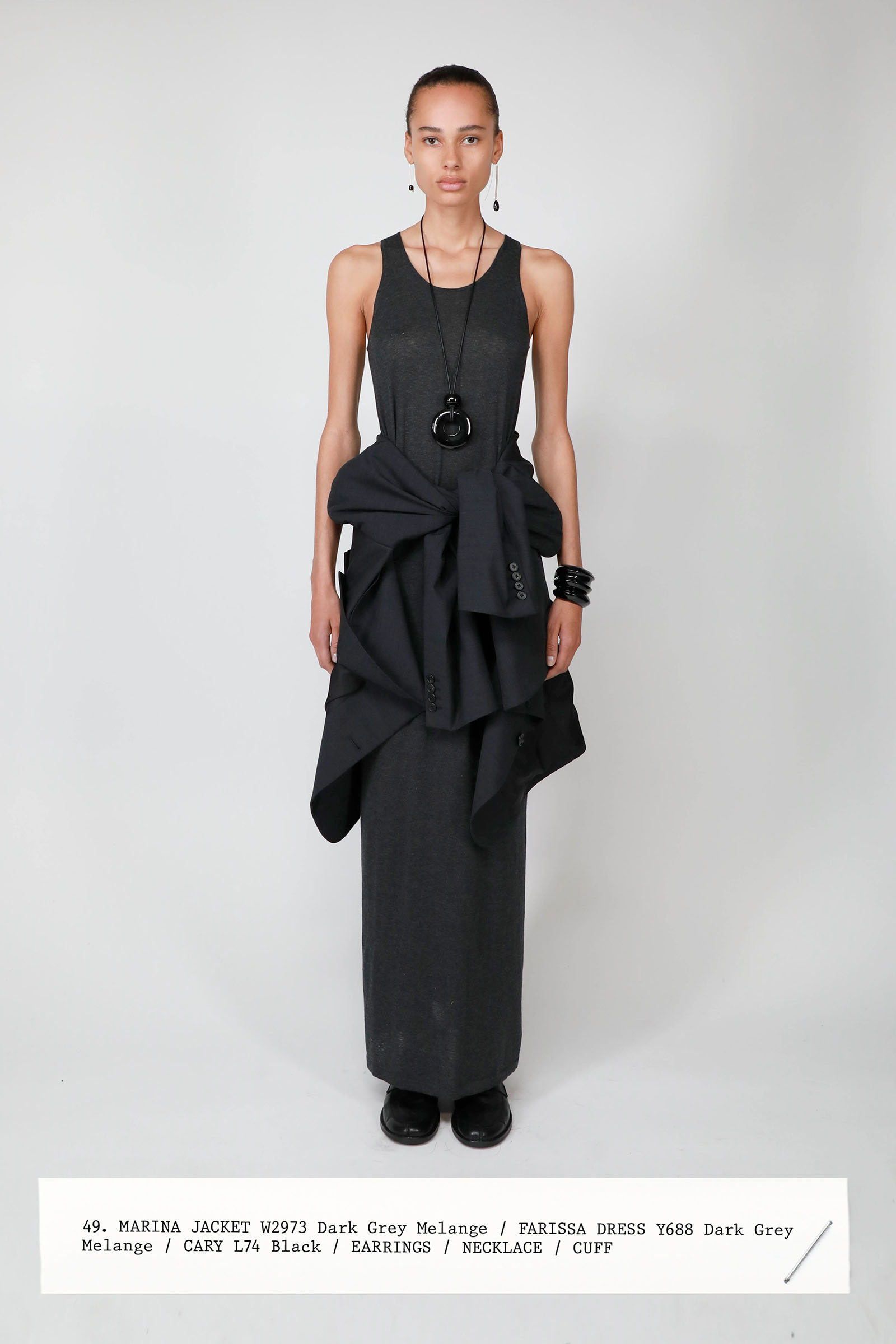 The Row Spring 2024 Ready To Wear grey long dress with oversized blazer jacket