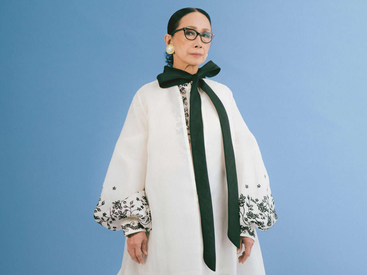 Tessie Singson in a modern terno dress, styled by Daryl Chang.
