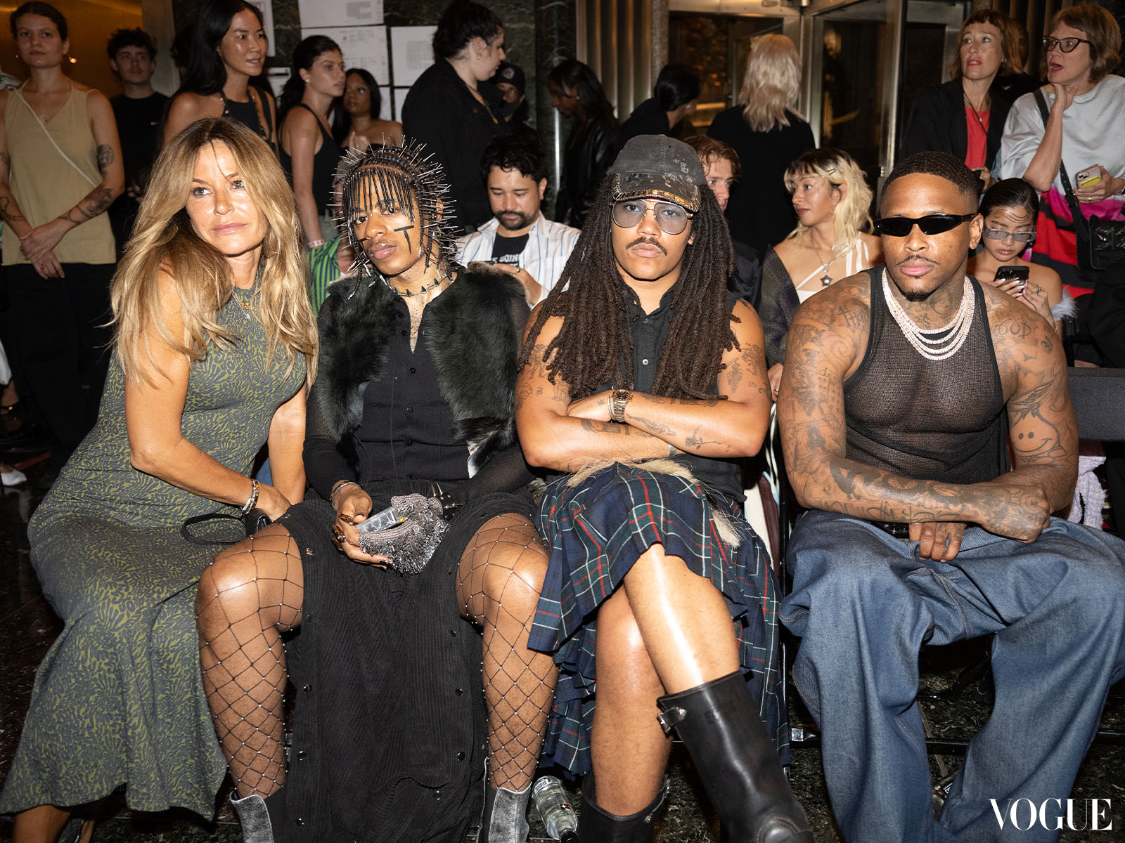 Kelly Bensimon, Teezo, Luka Sabbat, and YG at Eckhaus Latta Spring 2024 at New York Fashion Week.