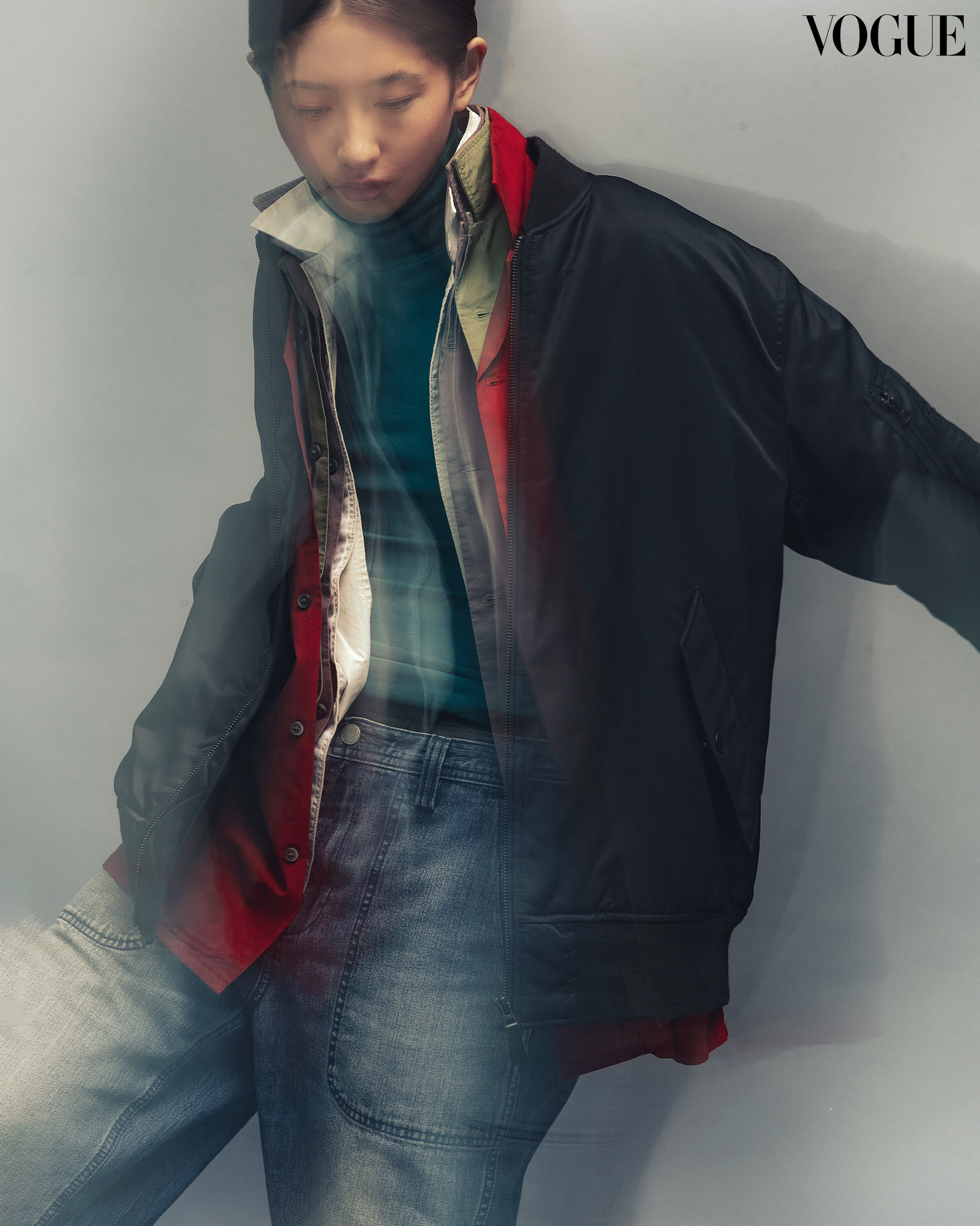 Layered jackets with denim pants