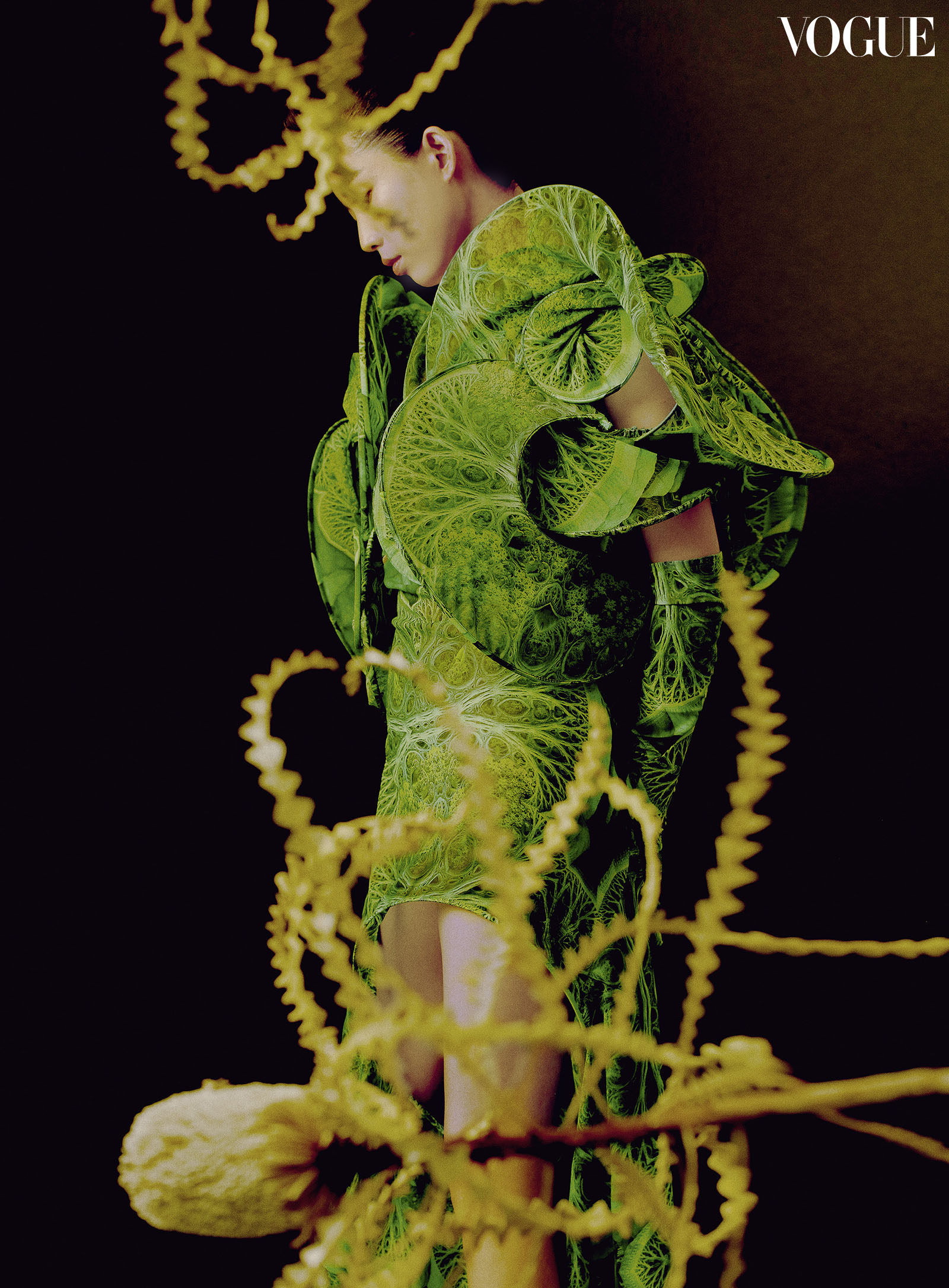 Three As Four organic green curved dress photographed by Harold Julian.