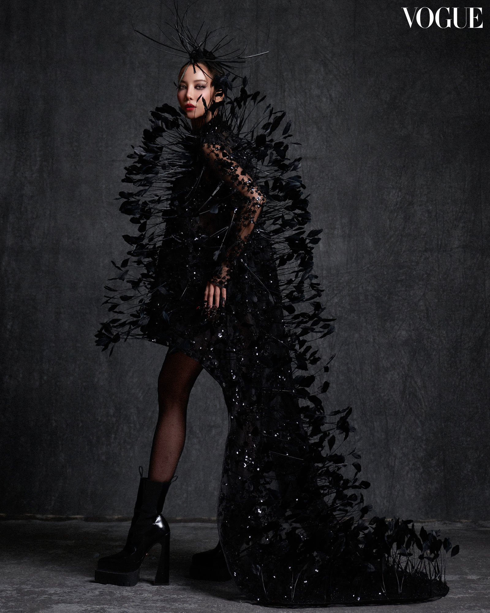 Black feathered dress.