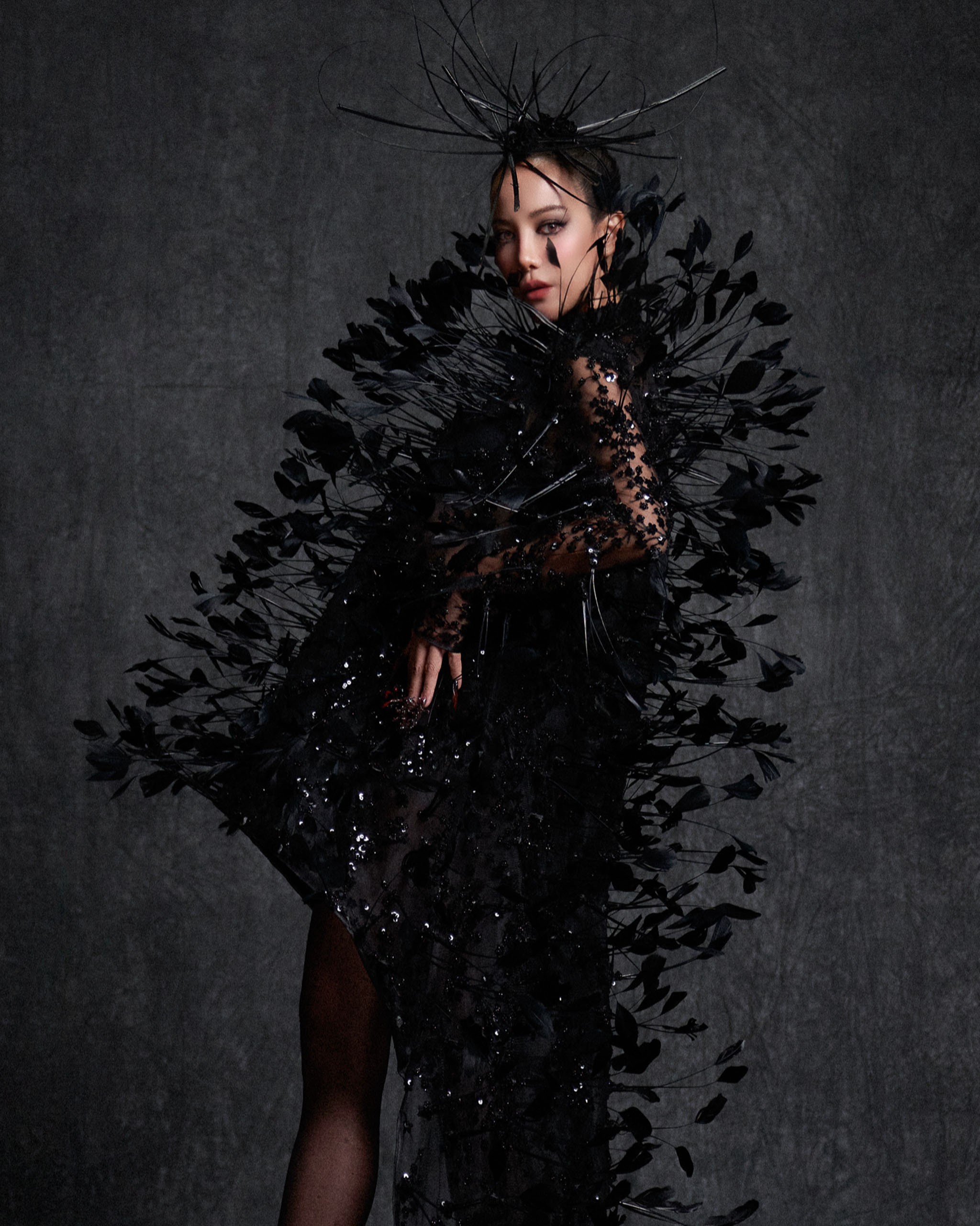 Black feathered dress.