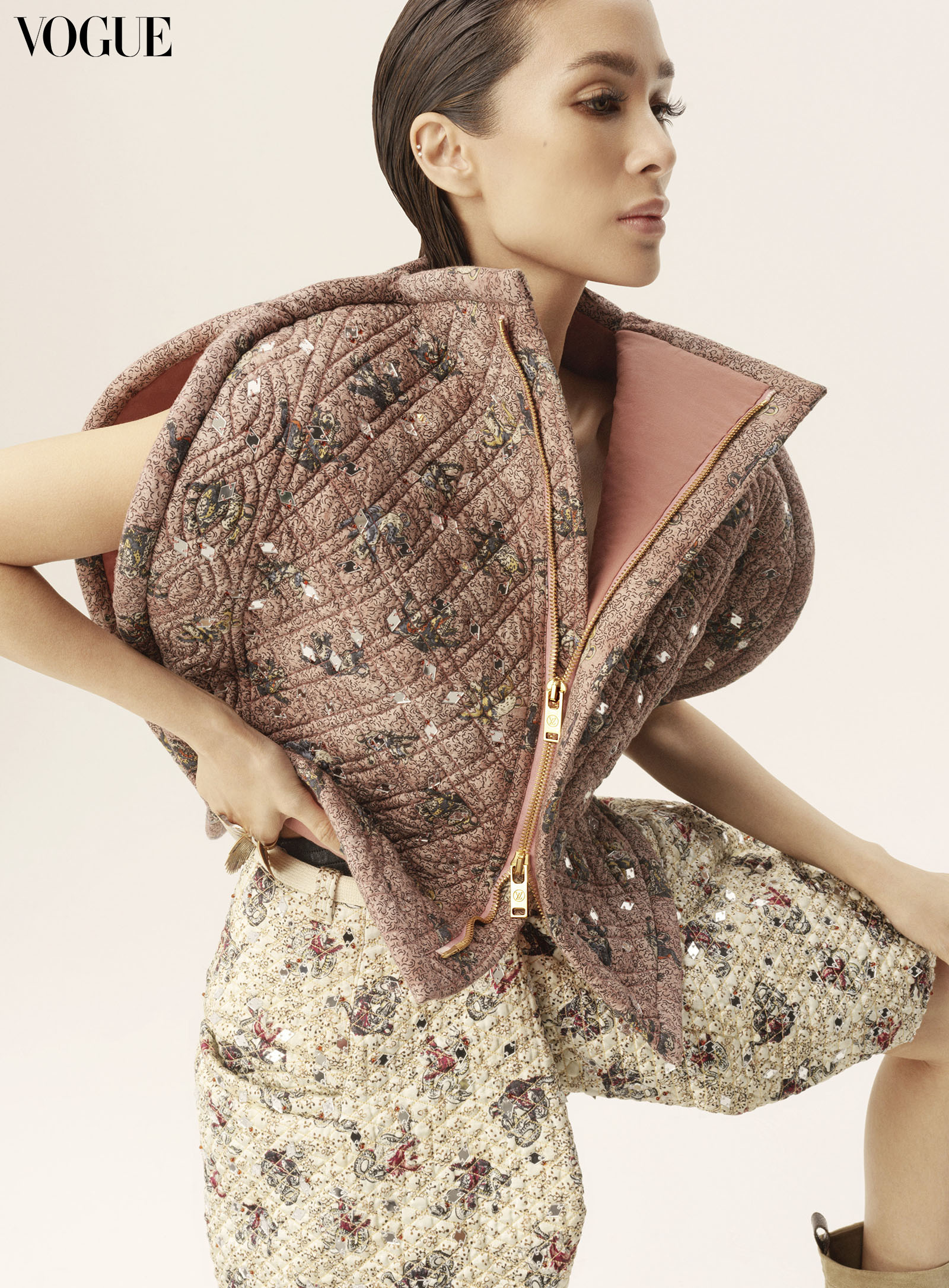 Heart Evangelista wearing a Louis Vuitton Boutis circle blouse and Boutis overskirt, and half boots in suede calf leather.