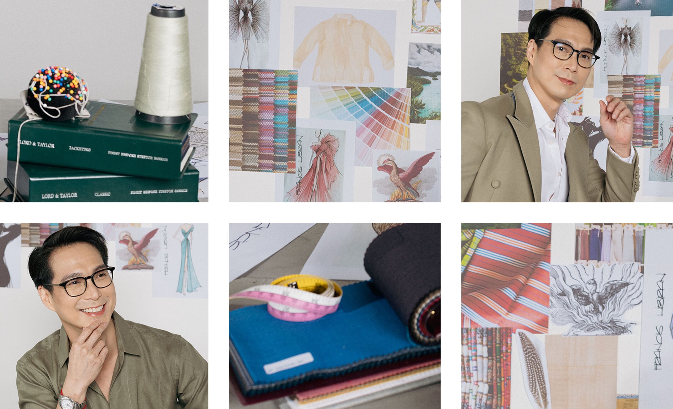 Francis Libiran wearing an olive suit and shirt featuring his moodboard and materials