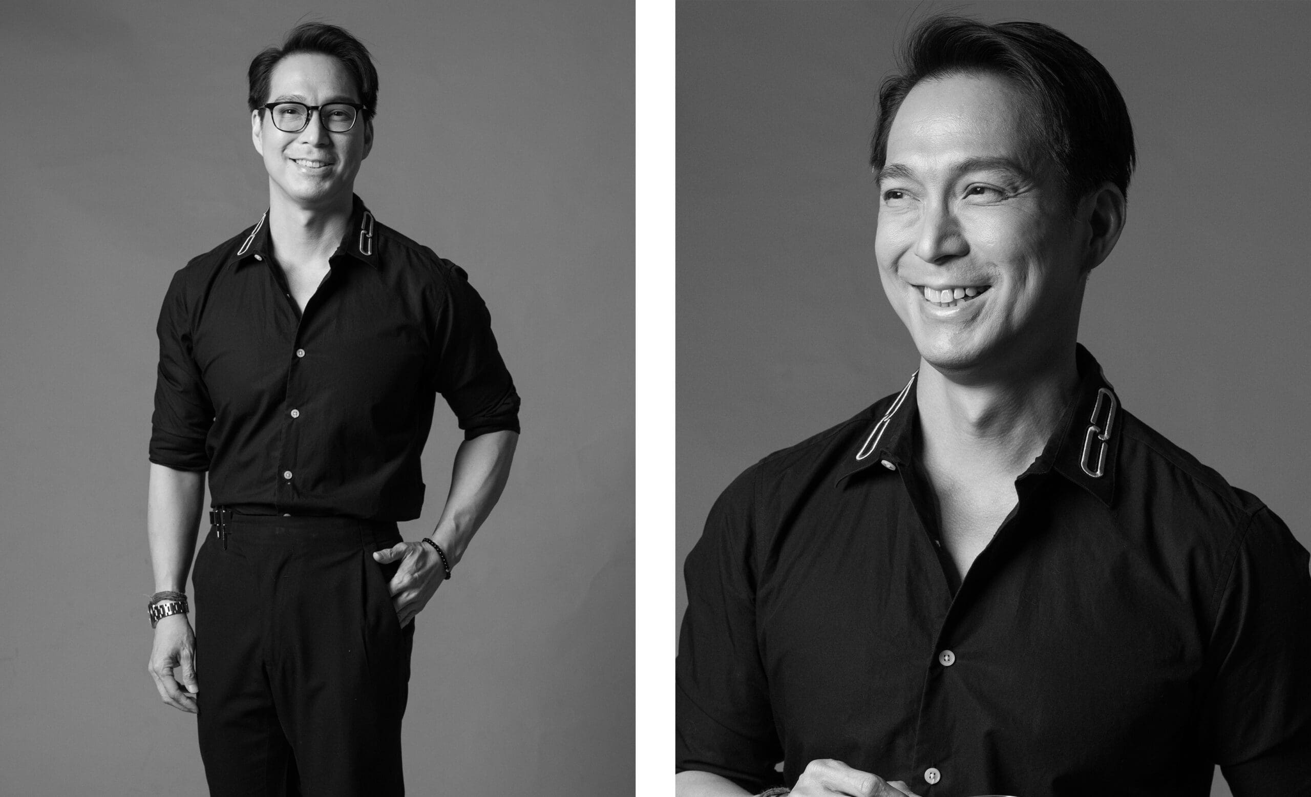 A black and white photo of Francis Libiran wearing an all-black ensemble