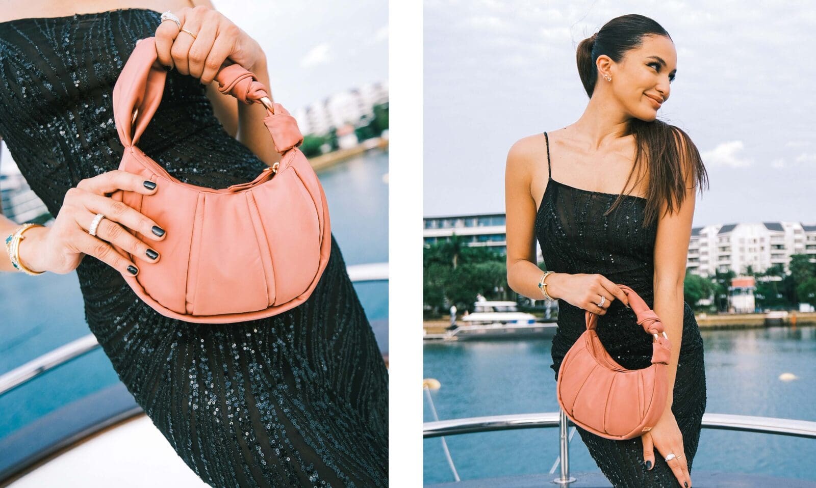 Sarah Lahbati wearing a black Boom Sason dress with the TUMI Asra small crossbody in Cameo Rose