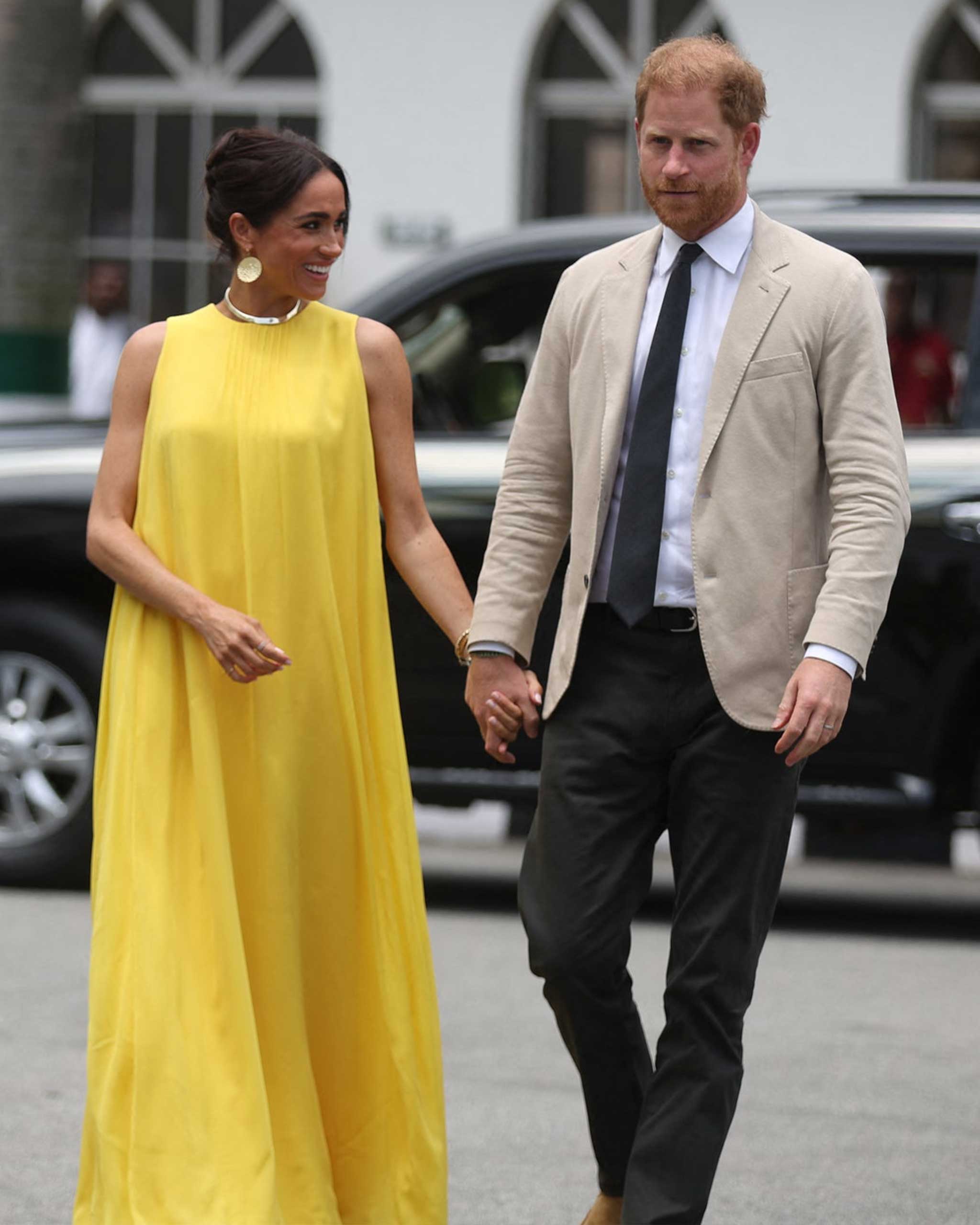 The Duchess of Sussex in Carolina Herrera at the the State Governor House in Lagos. Photo: Kola Sulaimon/Getty Images
