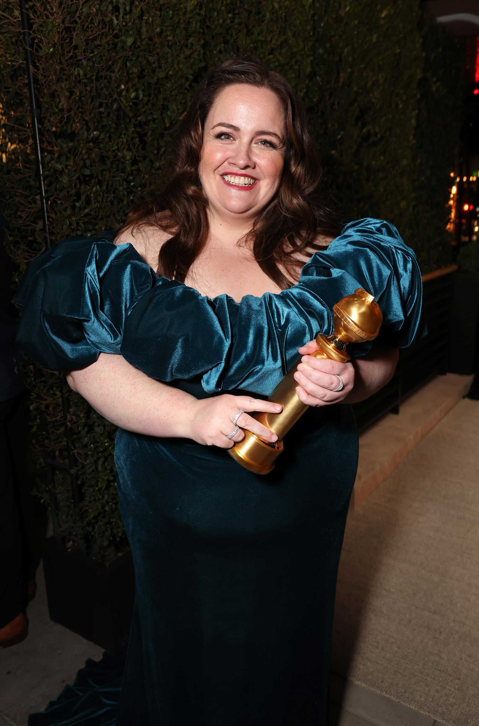 Actress Jessica Gunning poses with her Golden Globe.
