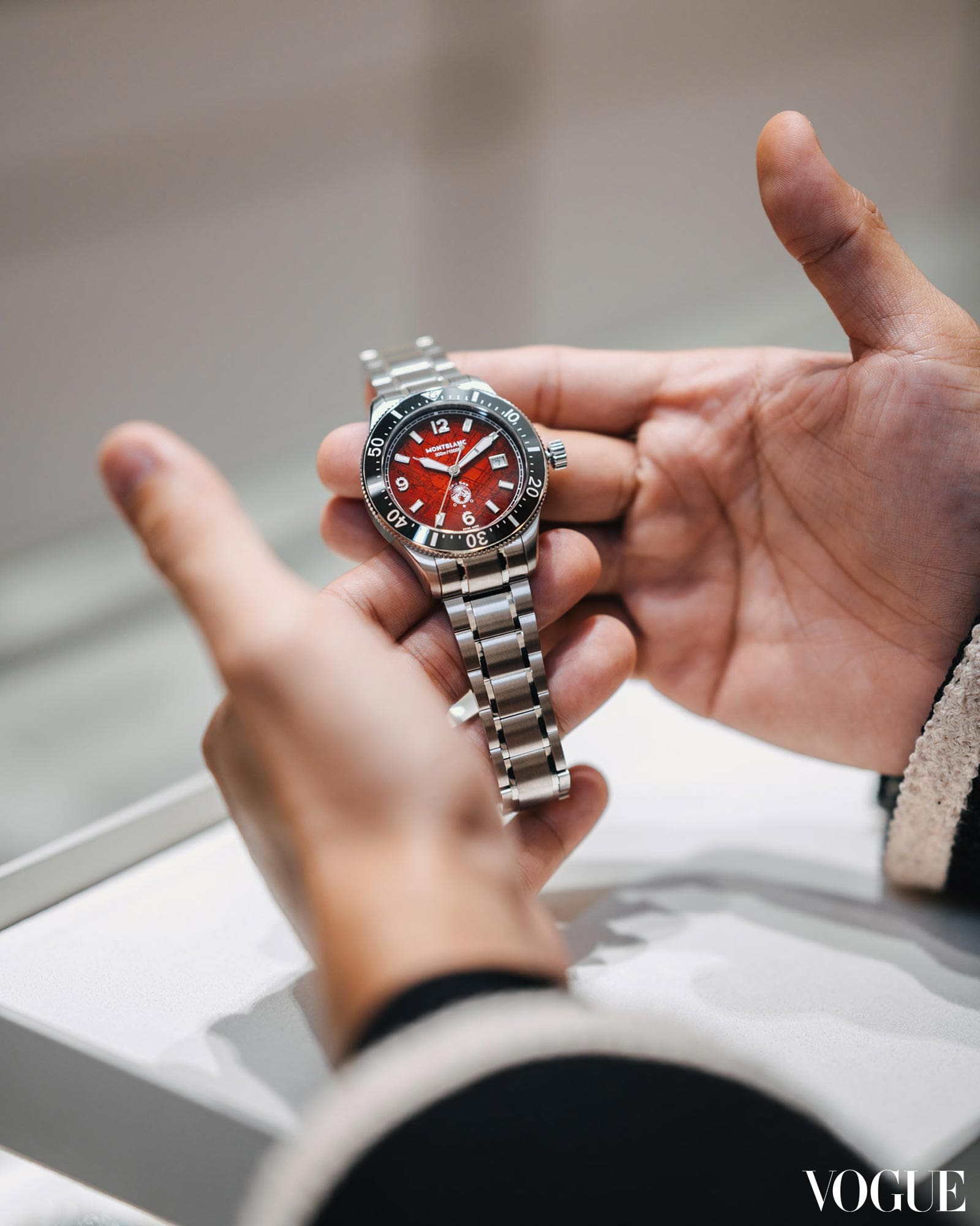 The Montblanc Iced Sea Automatic Date in a red dial.