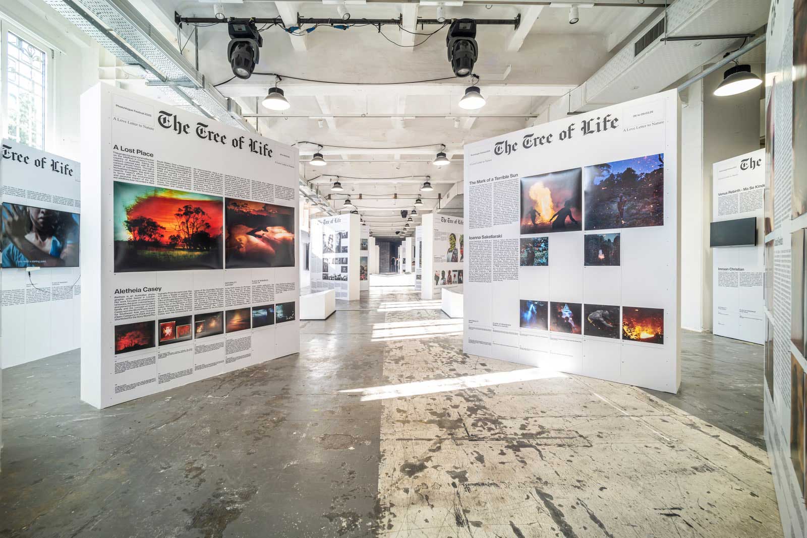 Image of white panels that mimic newspapers bearing photographs exhibited for this year's PhotoVogue Festival 