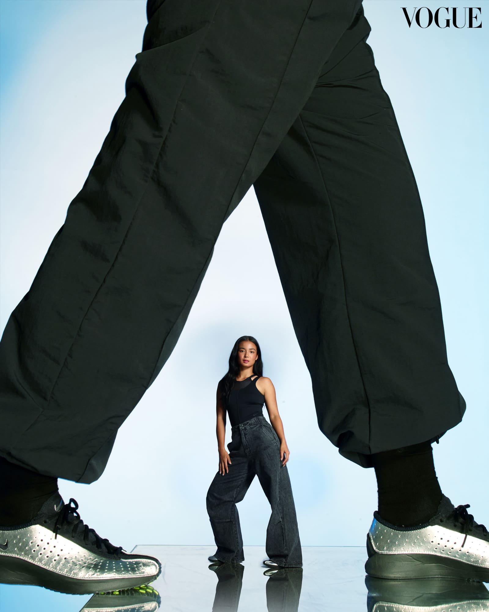 NIKE Sportswear Women's Denim Woven Trousers and NIKE Air Superfly shoes.