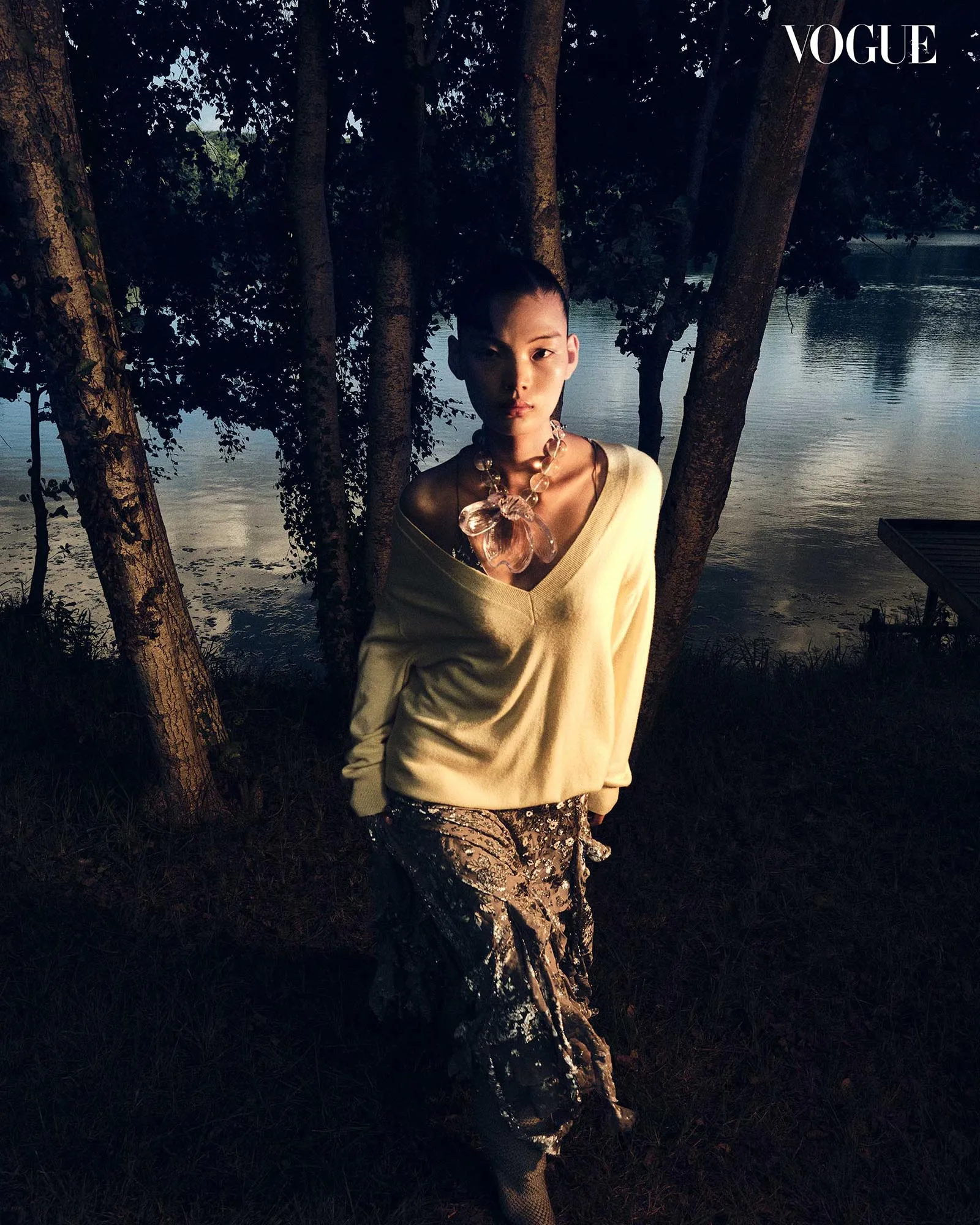 Asian Cinema Fashion Editorial Louis Vuitton brocade dress and sweater Susan Fang necklace