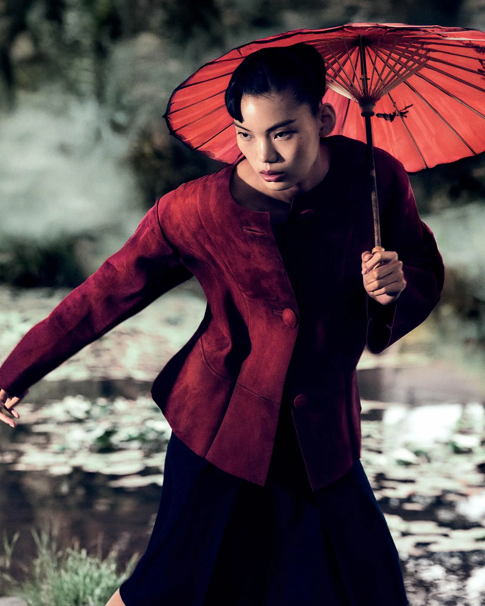 Asian Cinema Fashion Editorial Prada red suede jacket and skirt