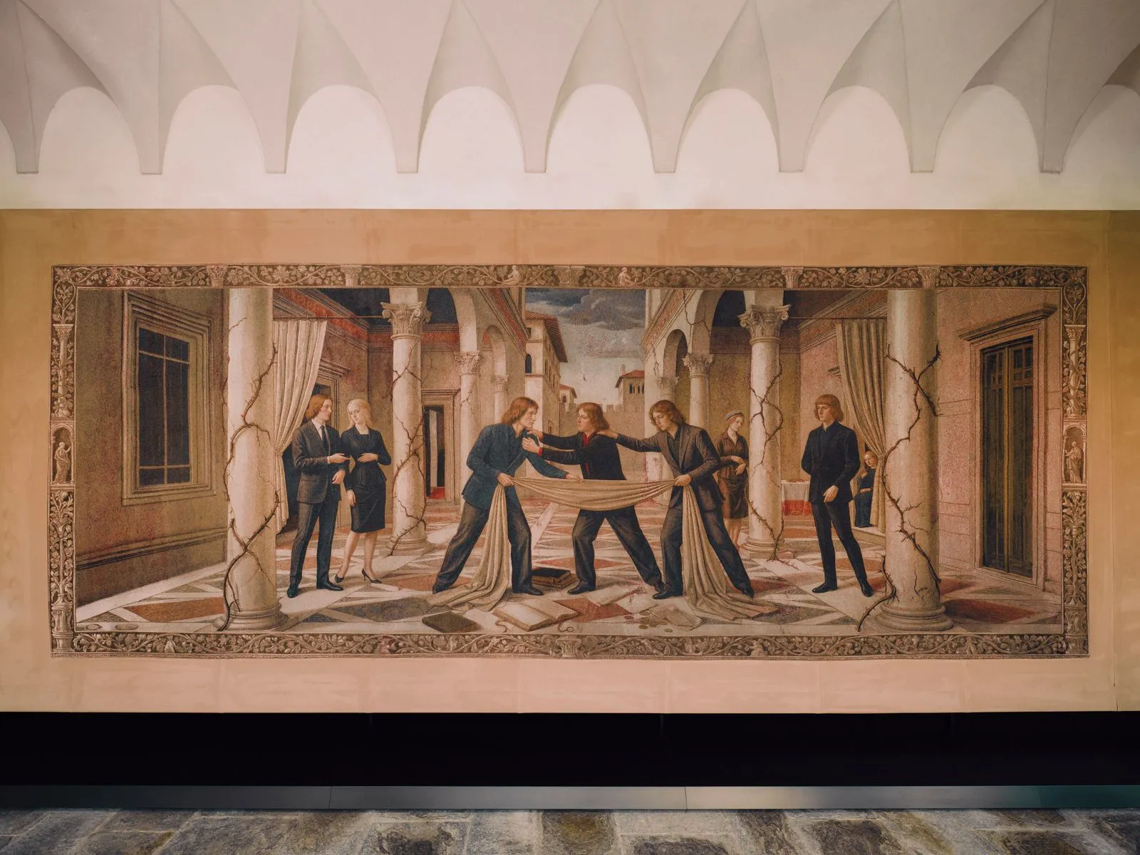 Mural painting of men in suits in a columned hall, holding and unwrapping a large cloth between them.