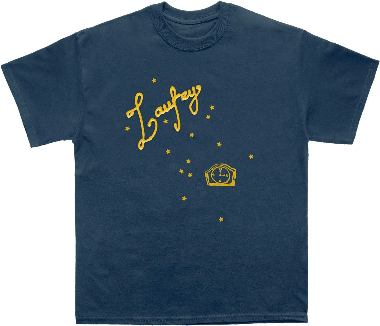 Navy blue T-shirt with yellow script text 'Langley' and small stars, plus a yellow vintage clock graphic