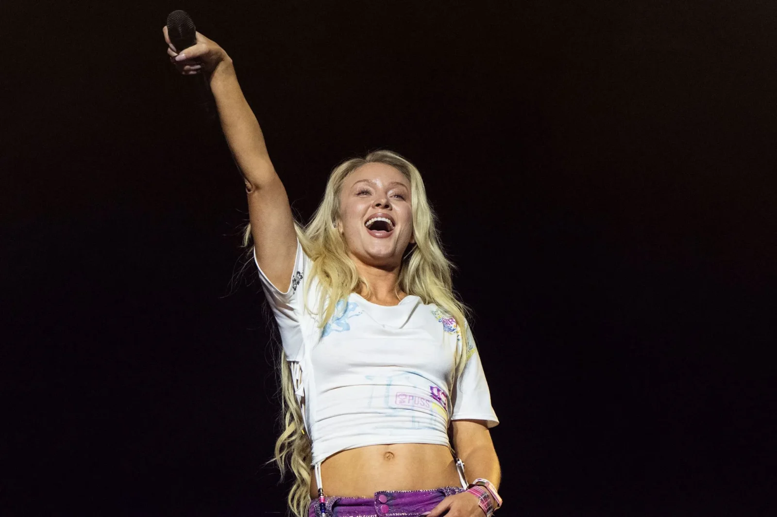 Singer on stage raises a microphone overhead, mid-performance, wearing a white cropped top and purple bottoms with long blond hair.