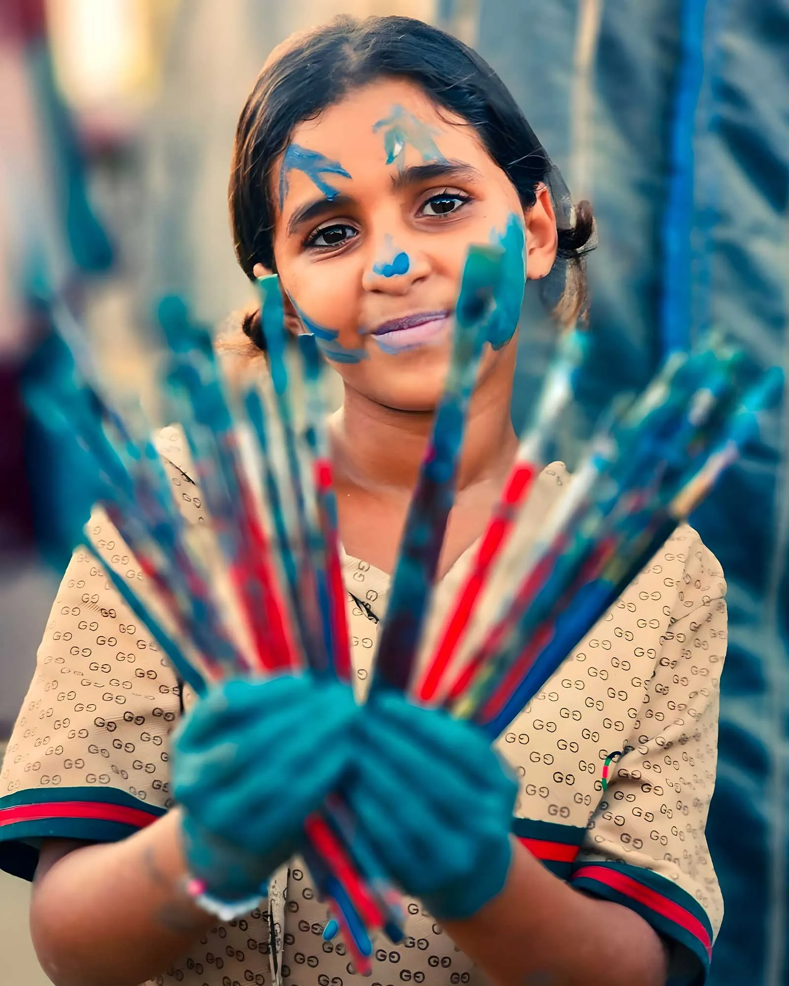 Young girl with blue paint on her face, holding a fan of colorful paintbrushes outdoors, smiling at the camera.