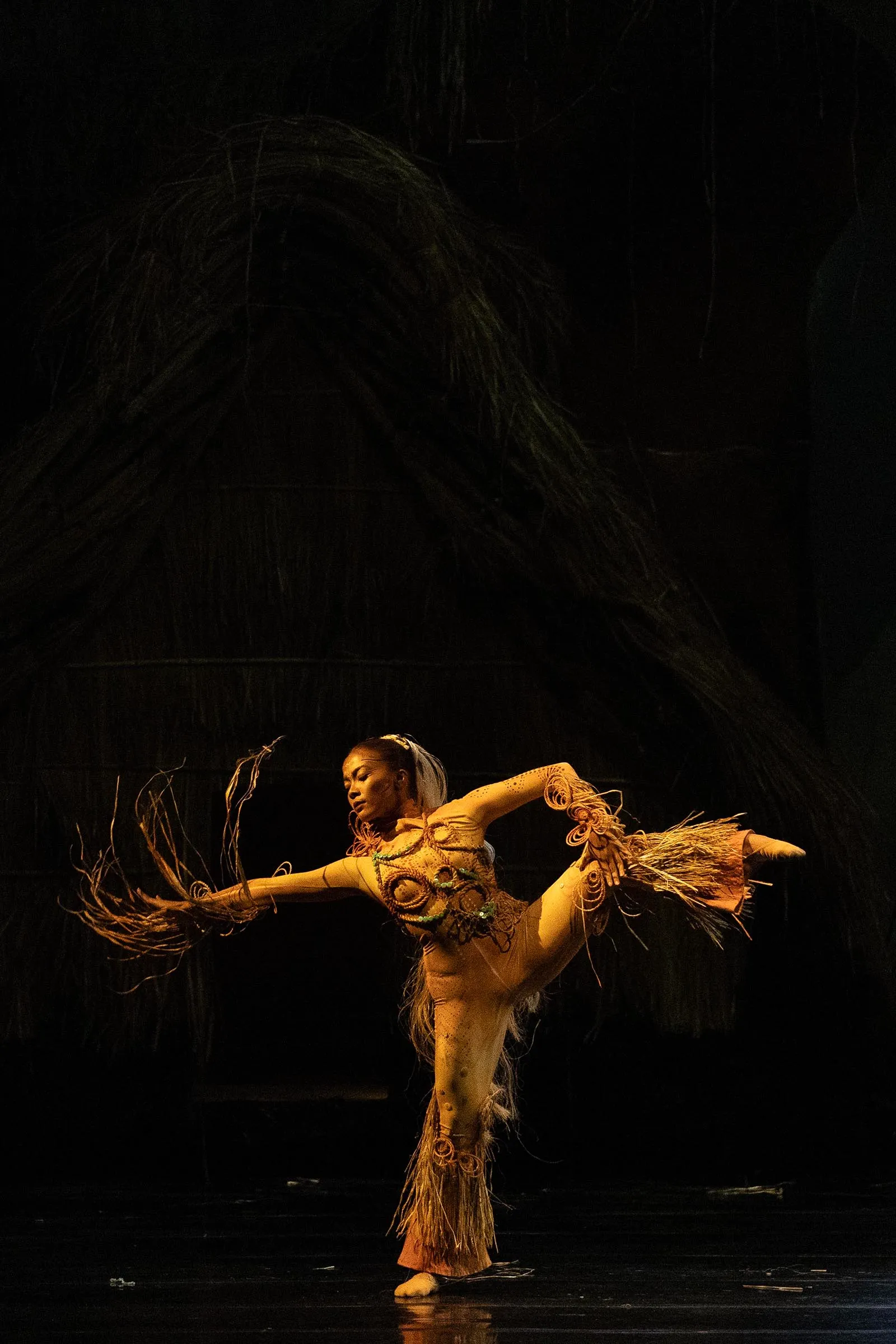 Female dancer wearing a fringed brown costume with beadwork performing a high kick on a dimly lit stage.