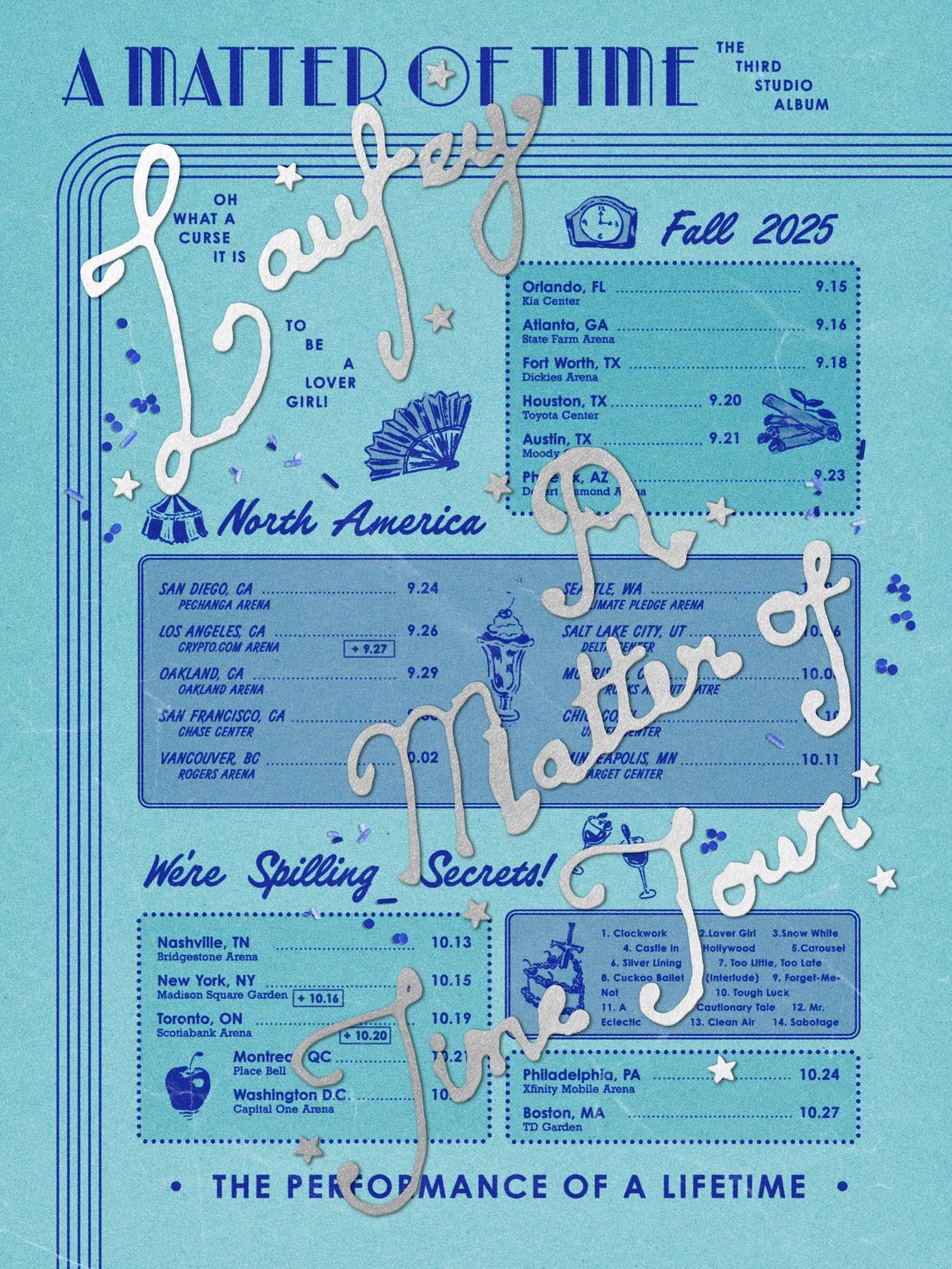 Blue retro album cover with the title 'A Matter of Time' and a tour dates panel in the center, overlaid by large white handwritten script saying 'L...'.