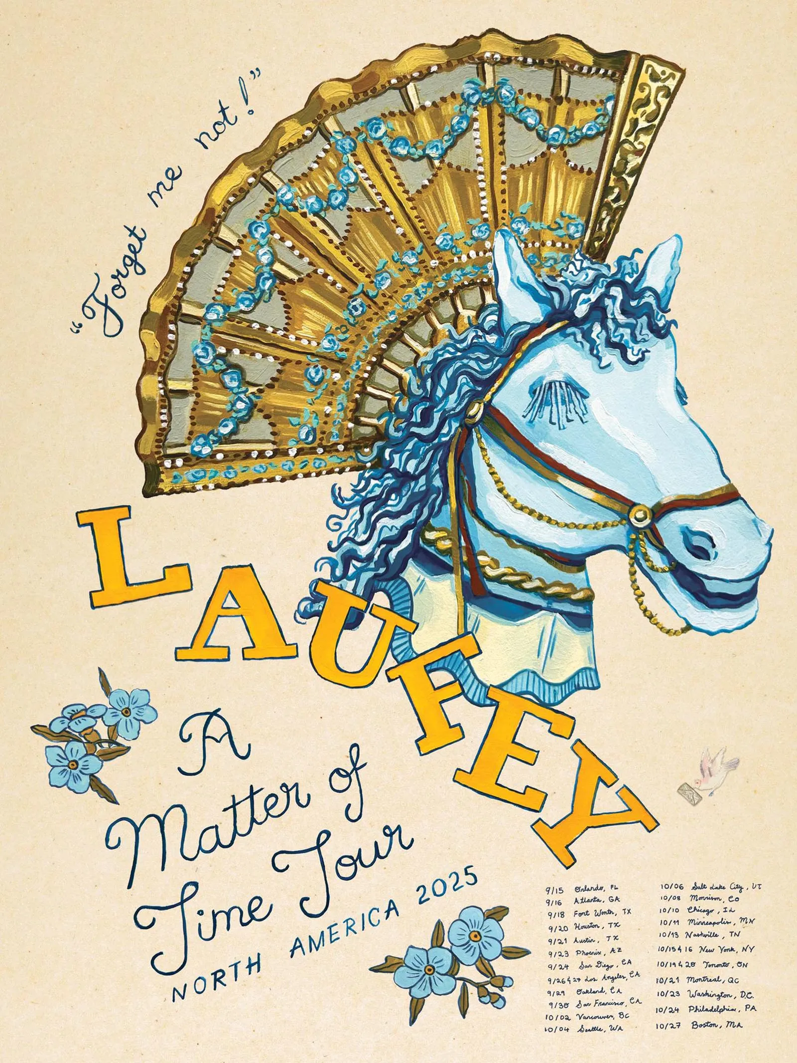 Vintage poster illustration of a blue horse head with a jeweled gold fan and blue flowers, surrounded by decorative text.
