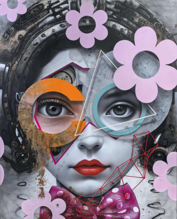 Surreal collage portrait of a girl with geometric shapes overlaid on her face, pink flowers, and a pink bow.