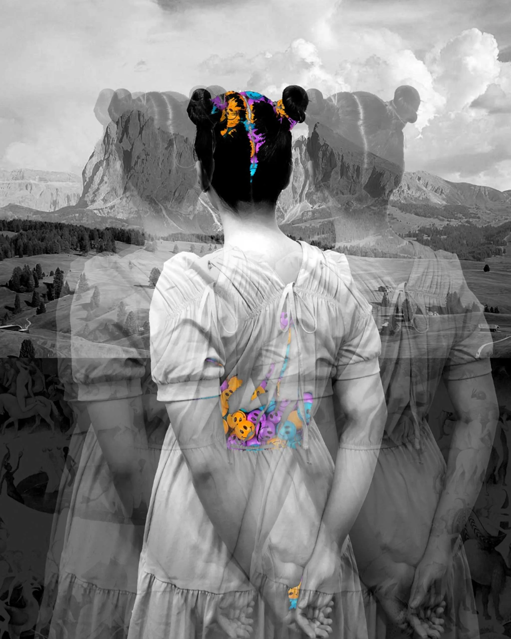 Back view of a girl in a light dress, with bright multicolored abstract shapes along her spine, overlaid on a grayscale landscape.