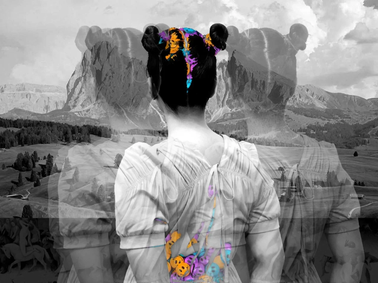 Back view of a person with hair in two buns wearing a light blouse, overlaid with a grayscale mountain landscape.