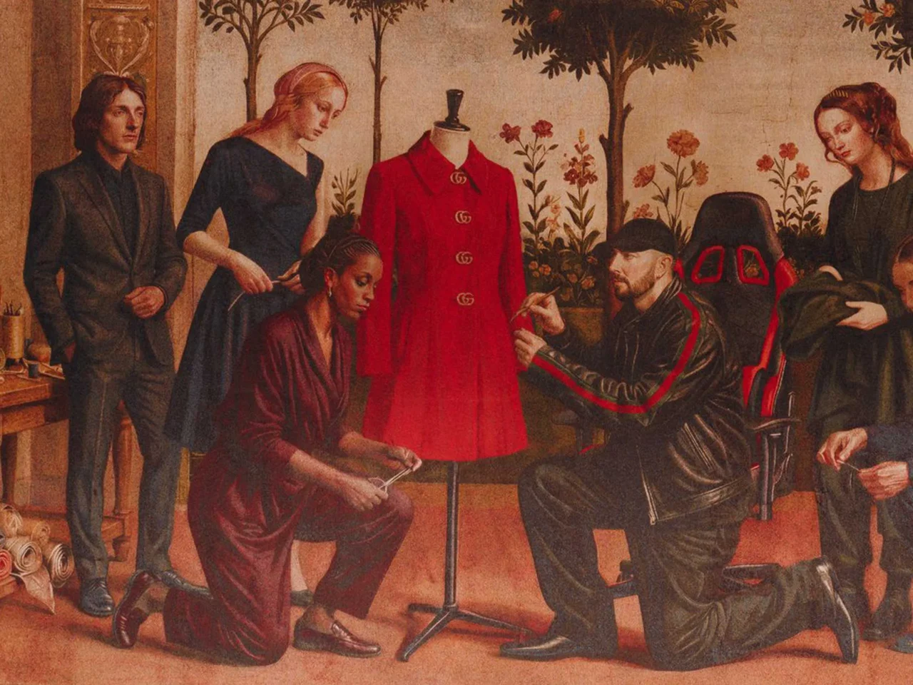 Group of people gathered around a red coat on a mannequin in a sewing workshop-like room with fabric rolls on a table nearby.