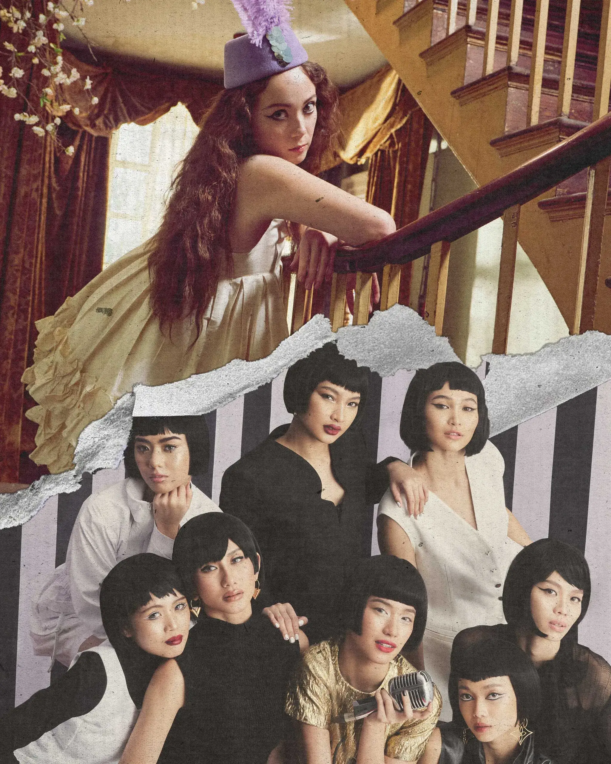 A group of fashion models posing together in vintage-style outfits, with torn poster edges and a staircase in the background.