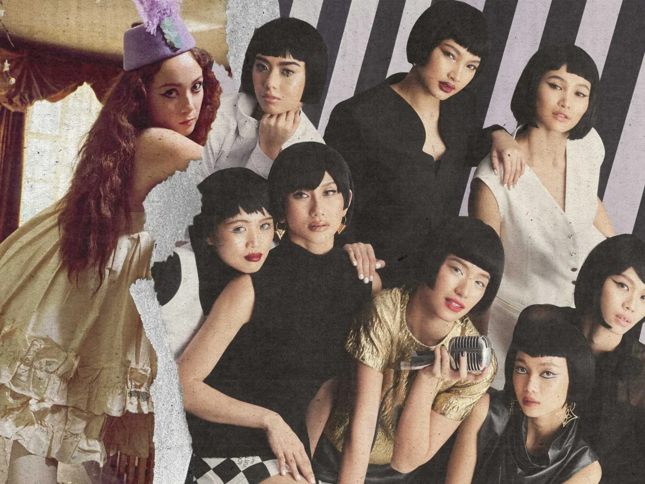 Collage of vintage fashion photos of women posing, with torn paper edges creating an artistic montage.