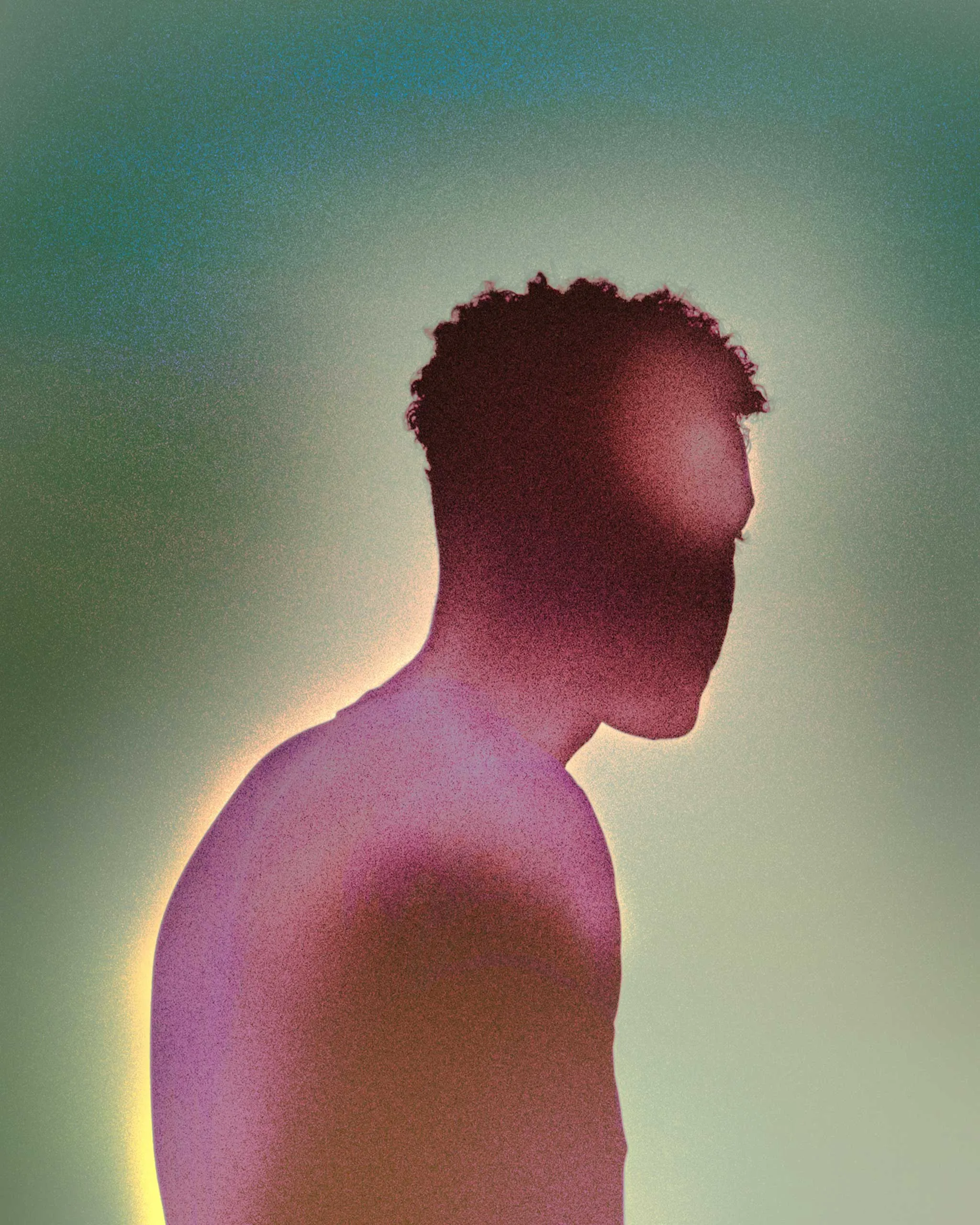 Side profile of a person with bare shoulders, set against a green–yellow gradient background; backlit, abstract lighting effect.