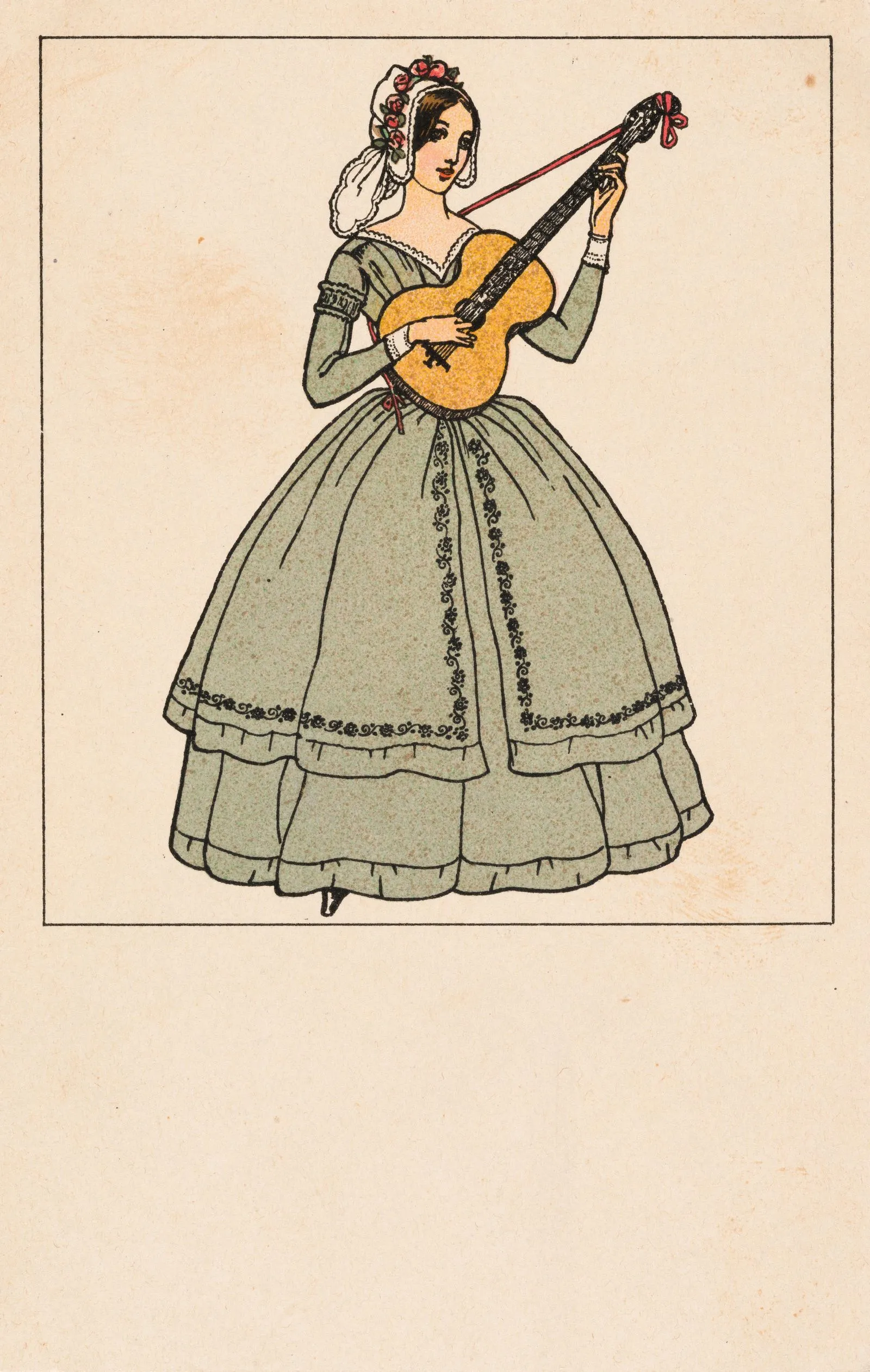 Woman in an 18th-century green gown playing a lute, with a floral bonnet and a red ribbon tied to the instrument.