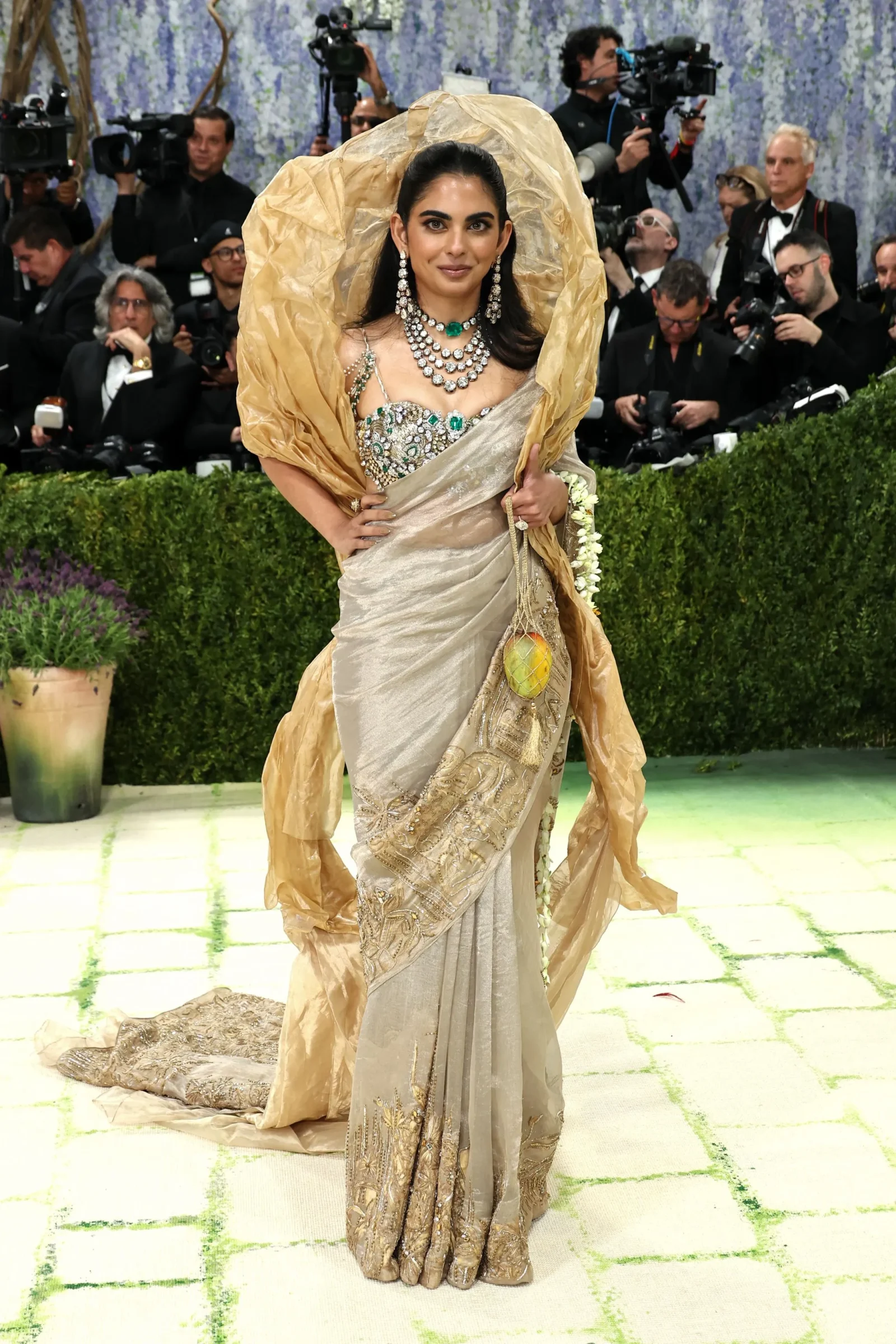 Woman in an ornate gold and silver sari with heavy diamond jewelry posing on a red carpet as photographers surround her behind the scene setup