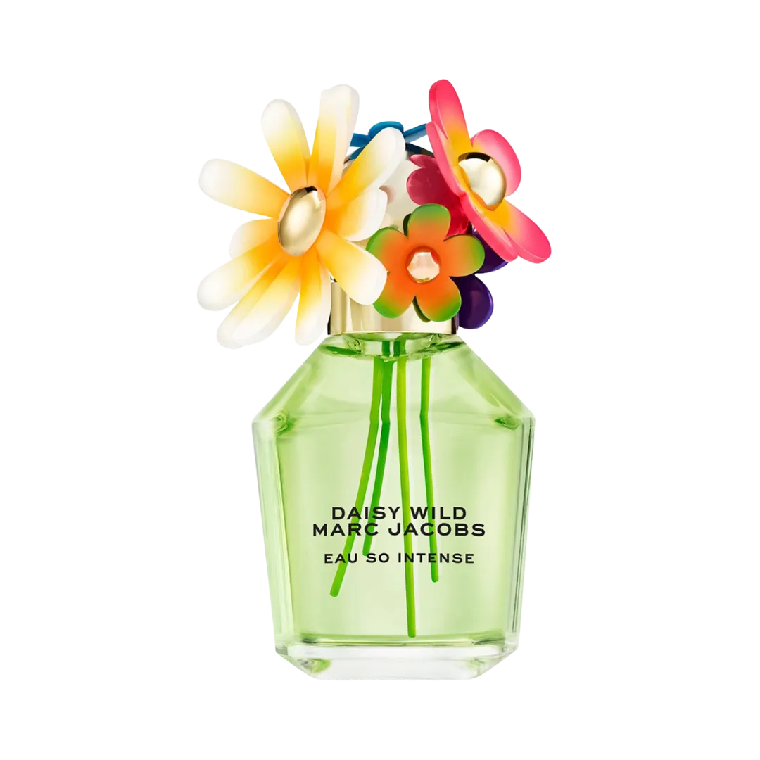 Marc Jacobs Daisy Wild Eau So Intense perfume bottle in a green glass vase with colorful flower bouquet