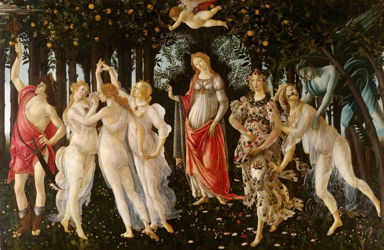 Renaissance myth scene: central woman in red and white robes dances with maidens among a forest garden and orange trees.