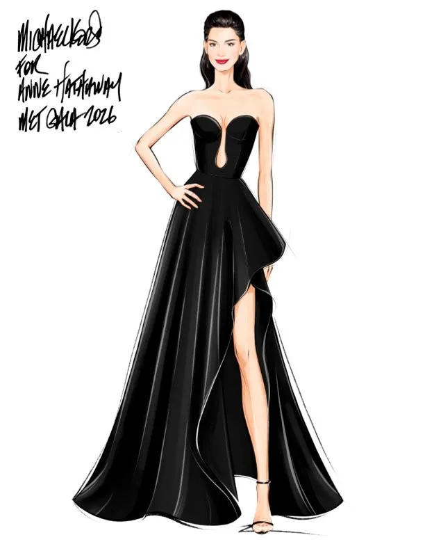 Fashion illustration: a woman in a strapless black gown with a high-low hem and thigh-high slit, standing confidently with one hand on hip