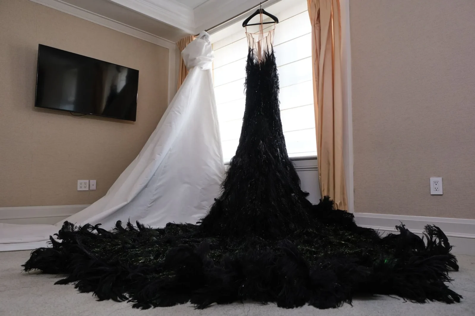 Two formal dresses on hangers by a sunlit window: a white gown and a black feathered dress.