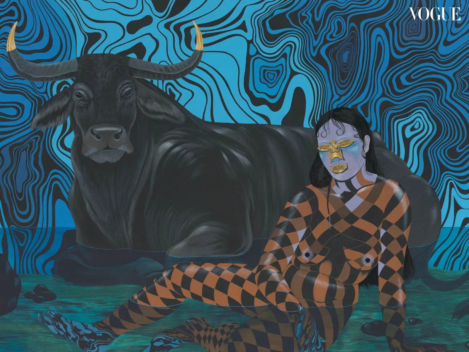 Vogue-style surreal artwork featuring a large black bull beside a person in an orange–black diamond plaid, purple face, against blue swirling background.