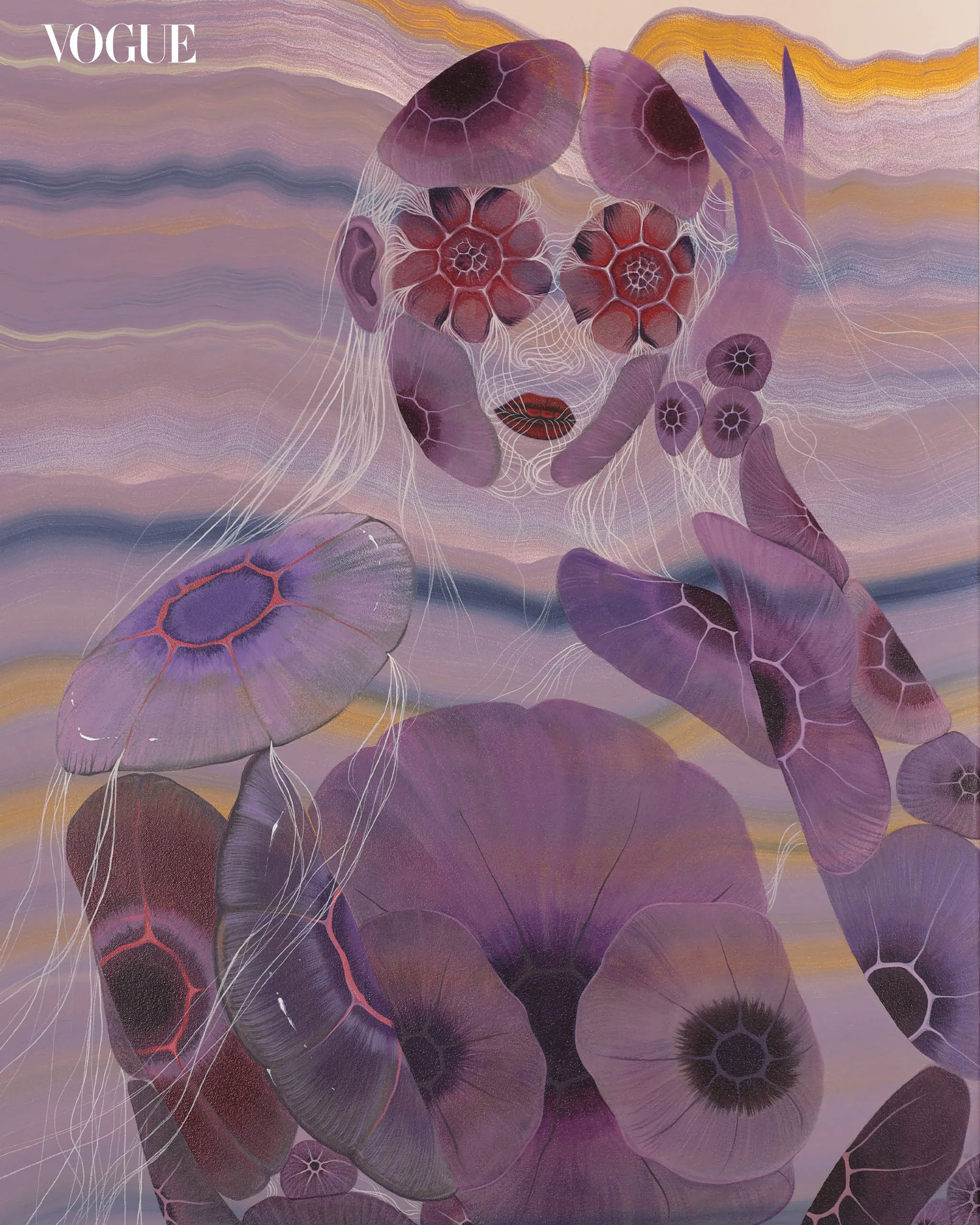 Abstract lavender and purple botanical artwork with stylized flowers and tendrils; Vogue logo appears in the top-left corner.