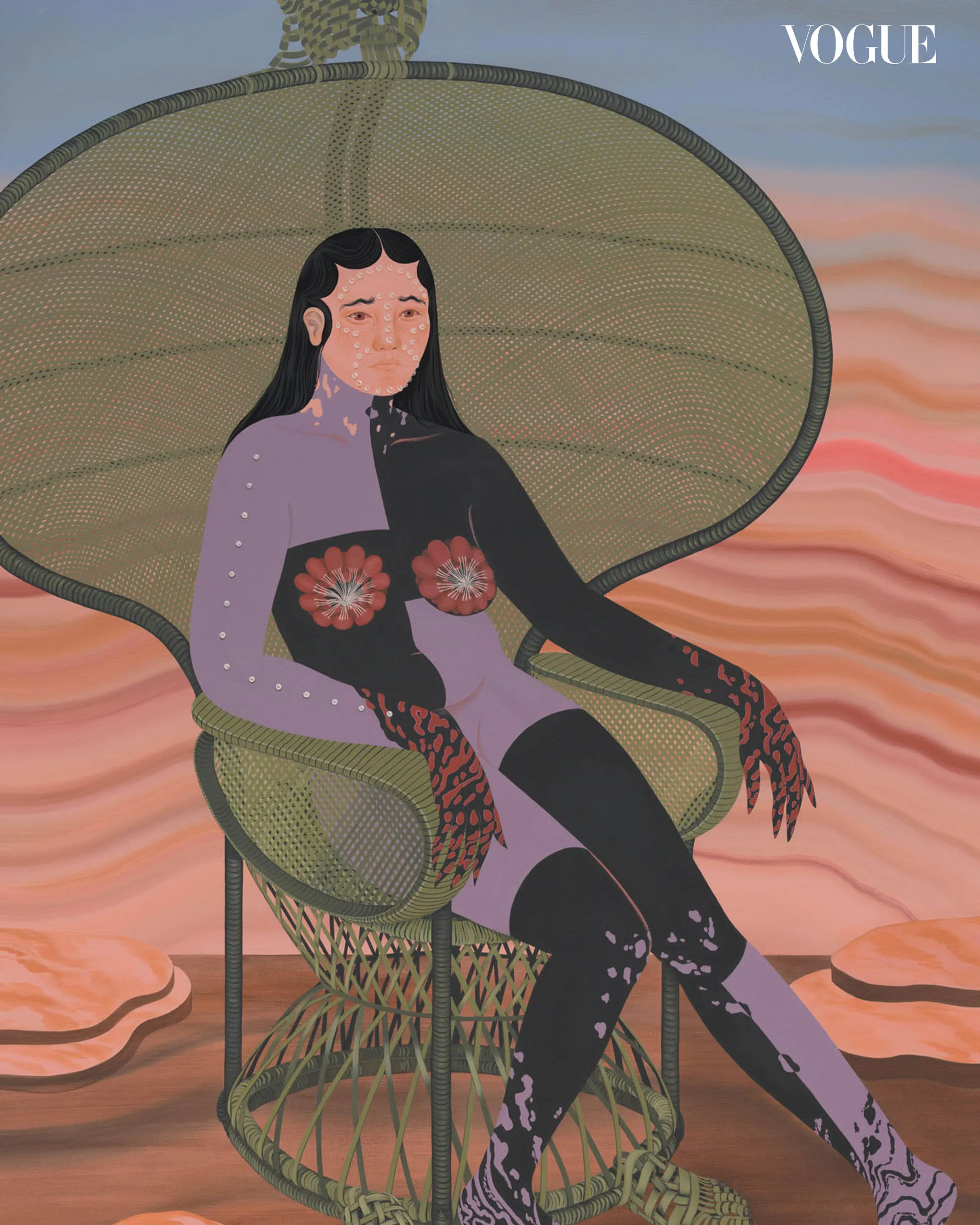 Illustrated person seated in a woven wicker chair at a sunset beach, Vogue logo in top-right corner