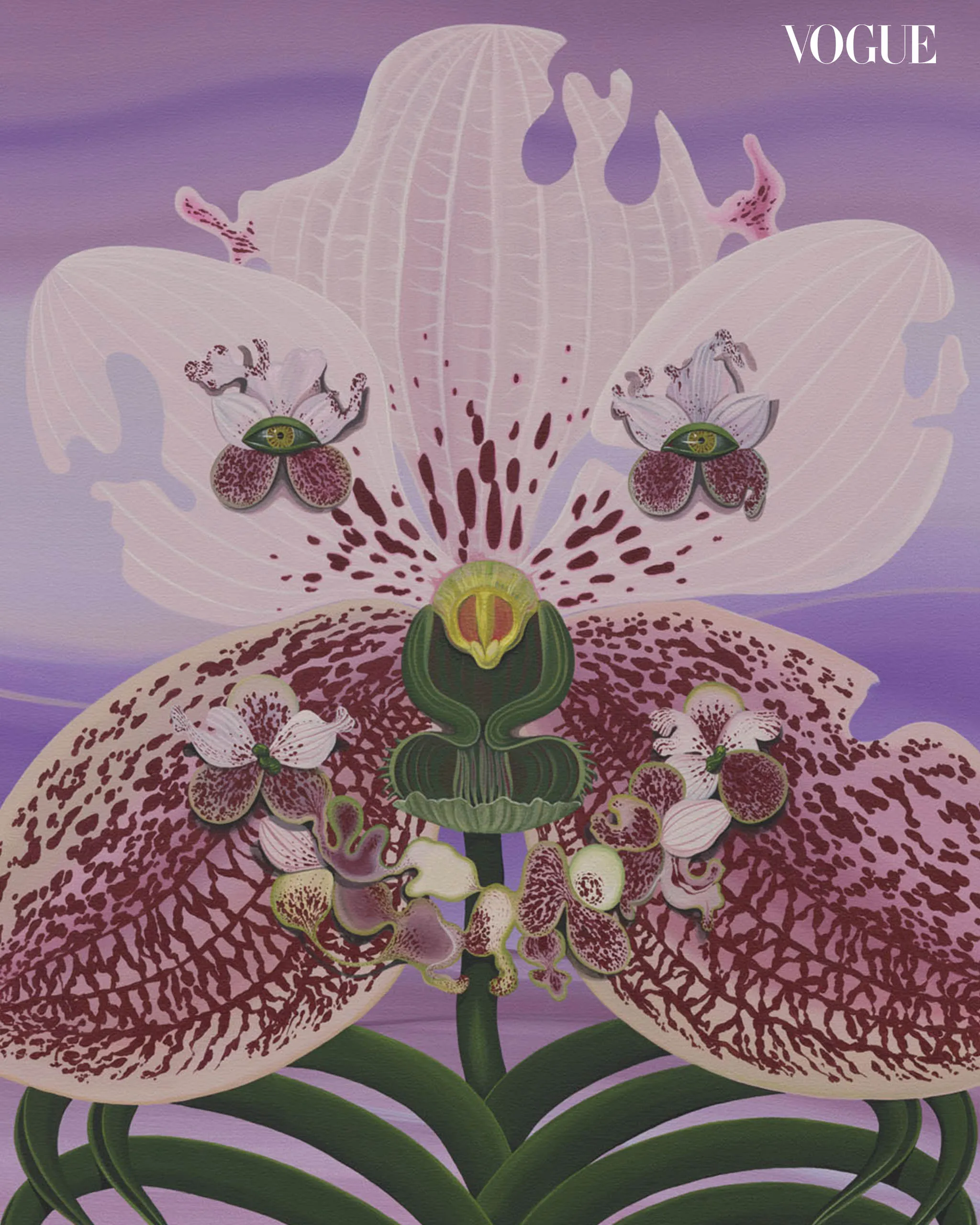 Close-up of a pale pink orchid with purple background and a Vogue watermark in the corner, in a stylized, artistic painting style.