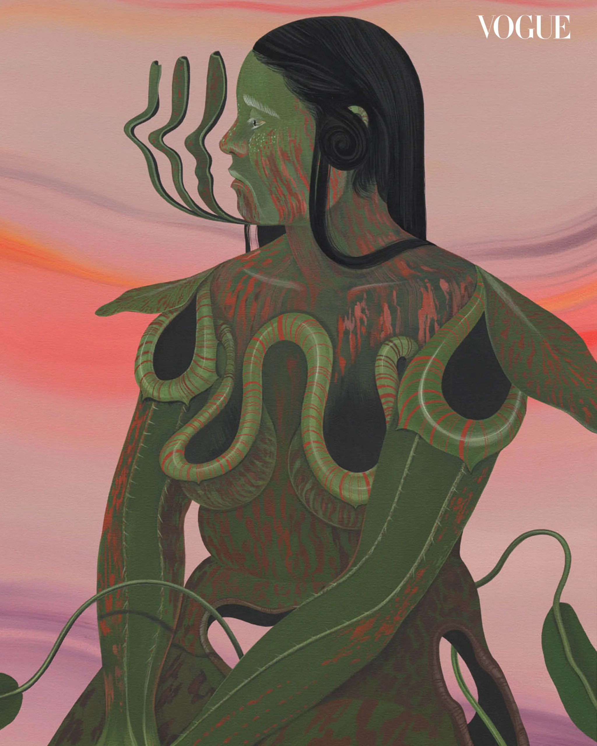 Surreal portrait of a green-skinned person with serpents wrapped around their body against a pink sunset background; Vogue logo in the corner.