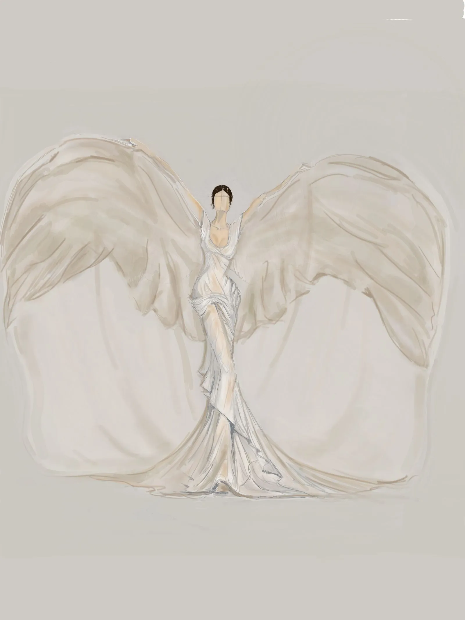 Stylized angel with large white wings and flowing gown, standing with arms raised against a pale beige background.
