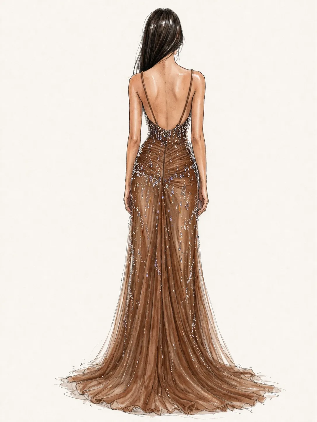 Back view of a slender woman in a sheer brown evening gown with beaded embellishments and a flowing train.