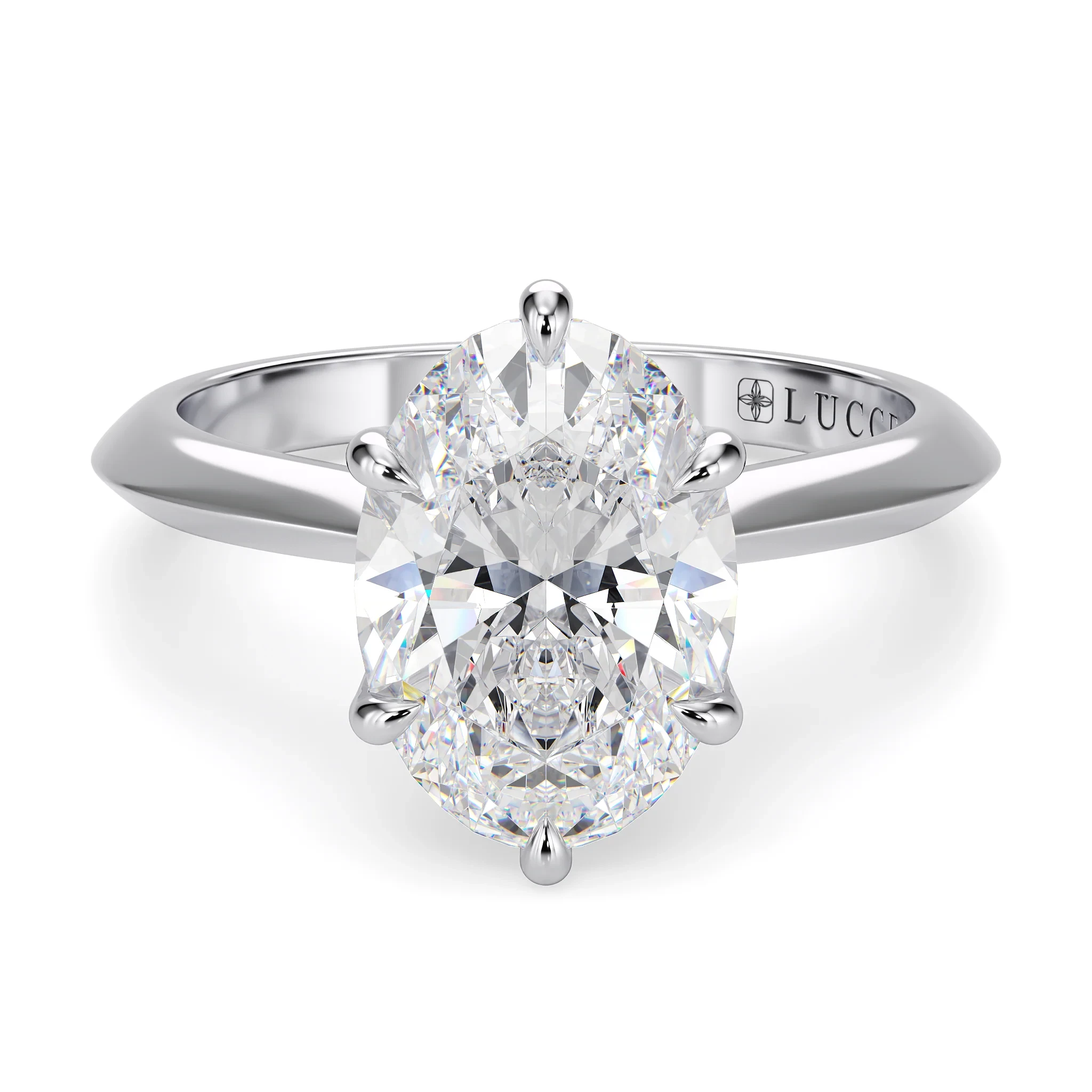 Platinum engagement ring with a large, brilliant-cut diamond center stone and a polished band on a white background.