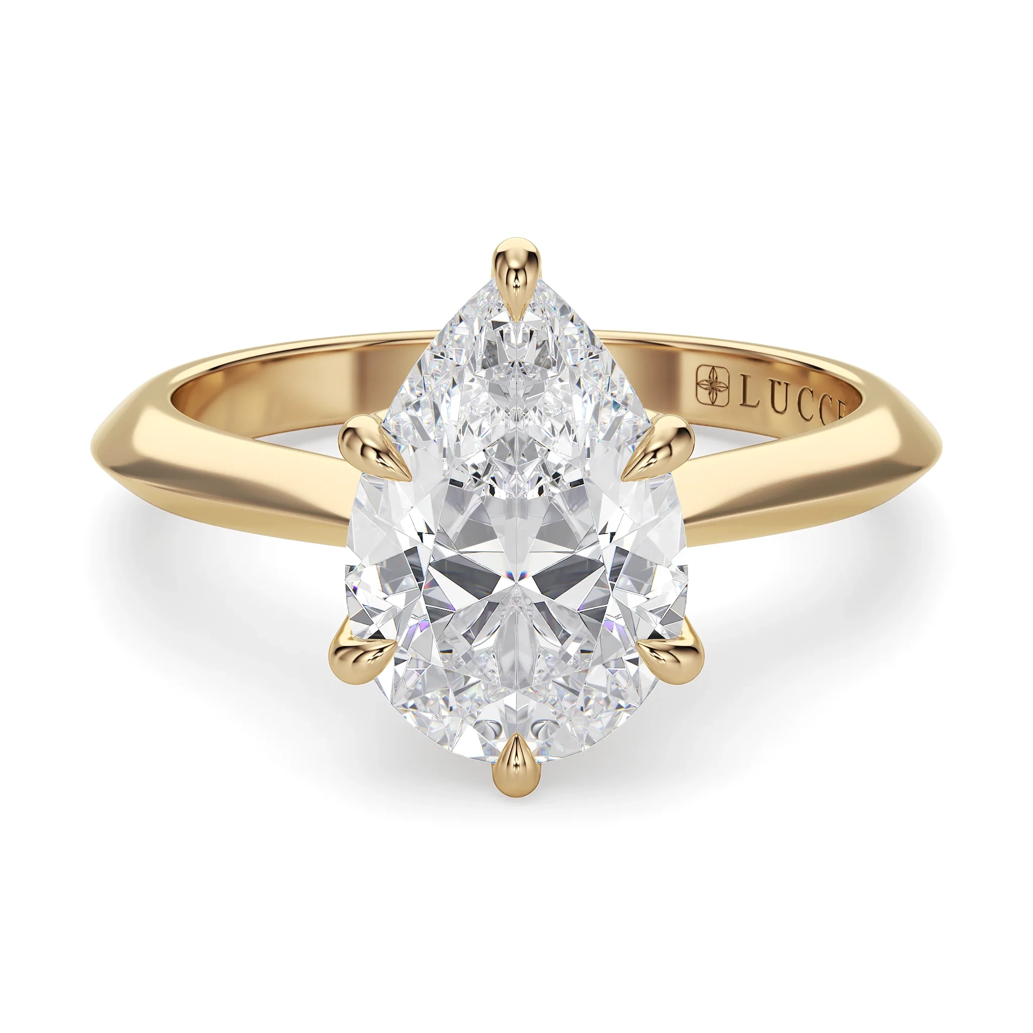 Gold ring with a large, faceted diamond in a triangular setting; inner band shows the LUCCI branding.