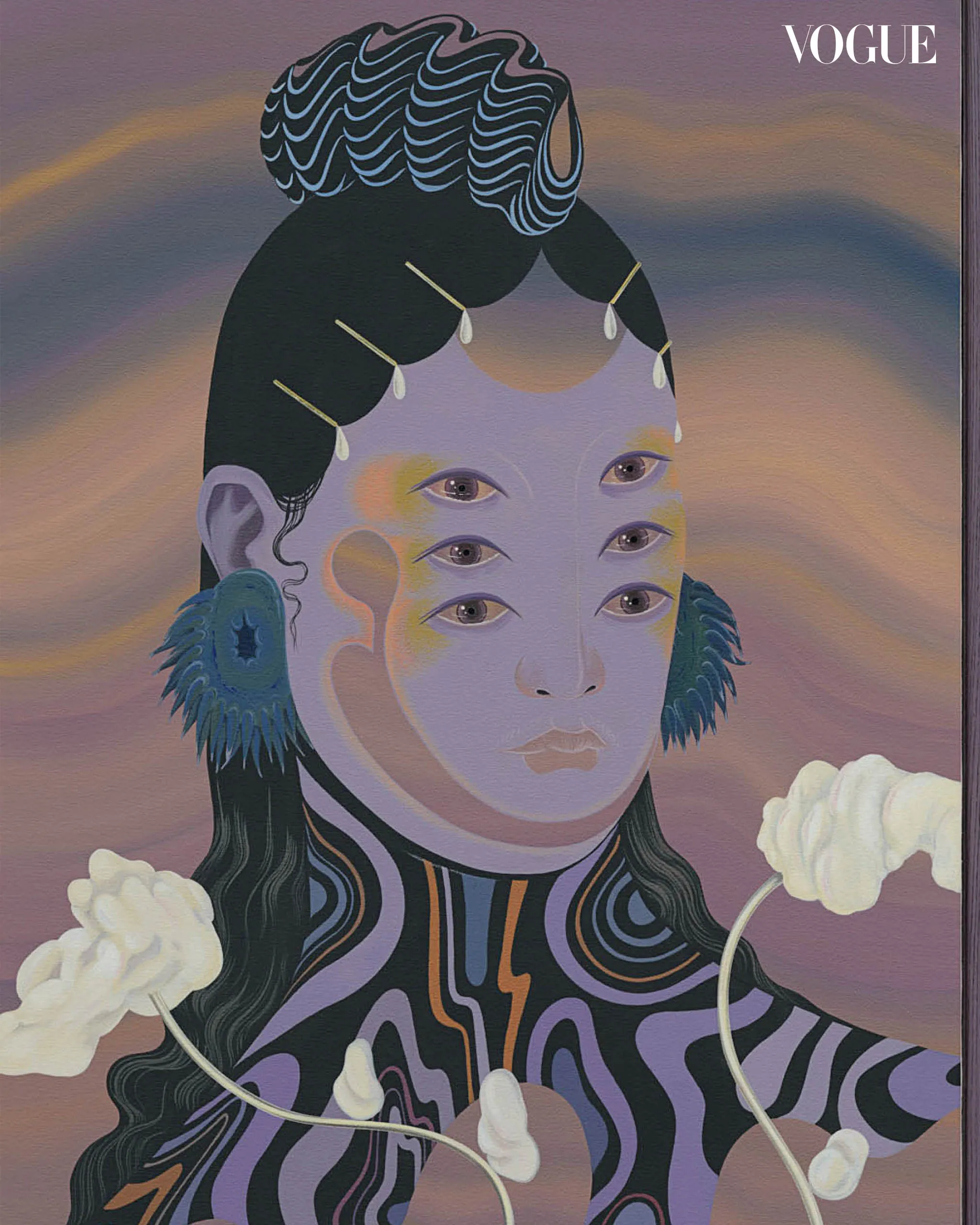Surreal fashion portrait: a lavender-skinned figure with many eyes, flowing hair, abstract swirls, and clouds, Vogue logo in corner.