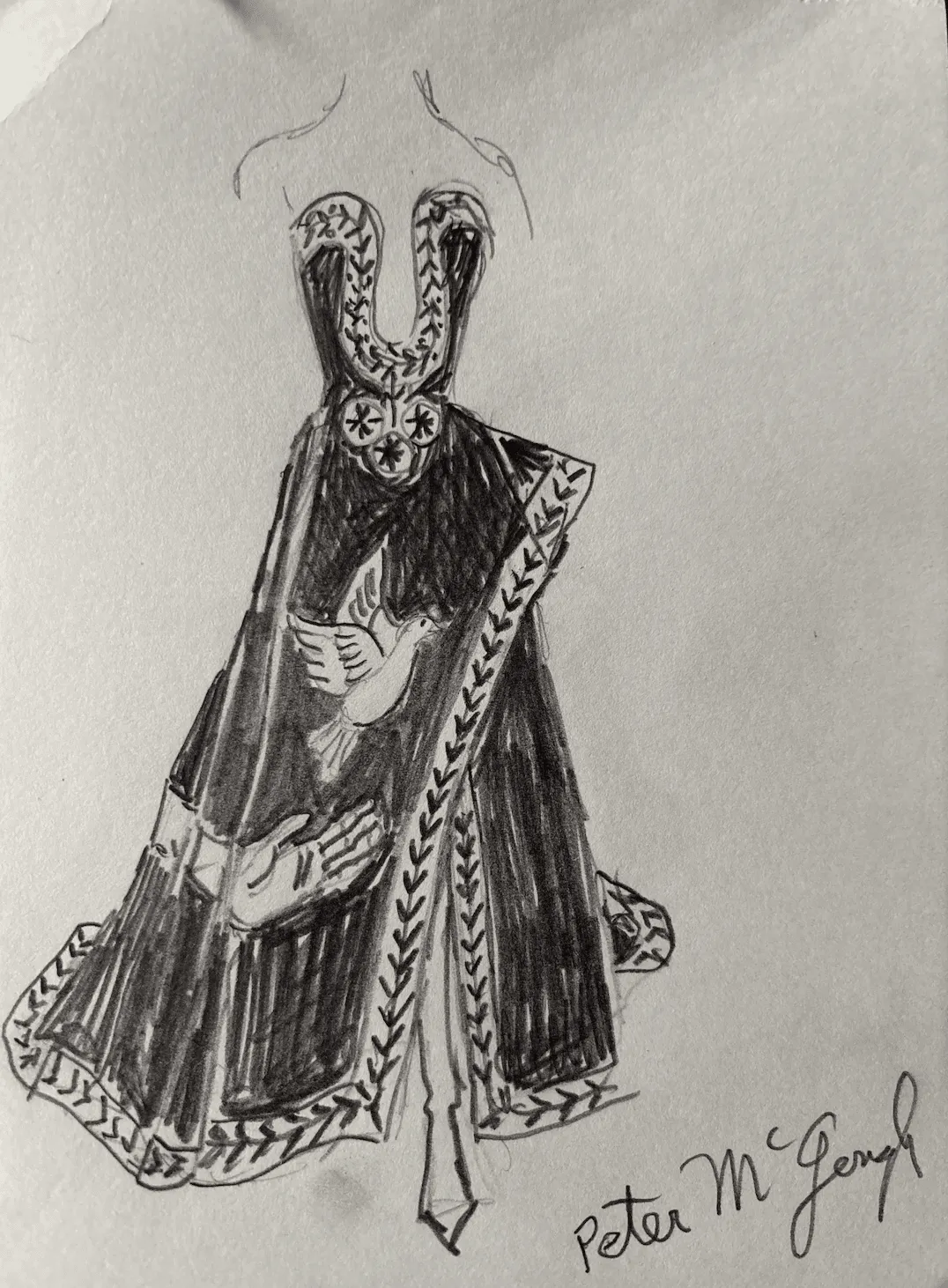 Sketch of a robed, ceremonial figure with an ornate, U-shaped collar and braided trim, hands clasped near a small, dove-like shape held at chest level.